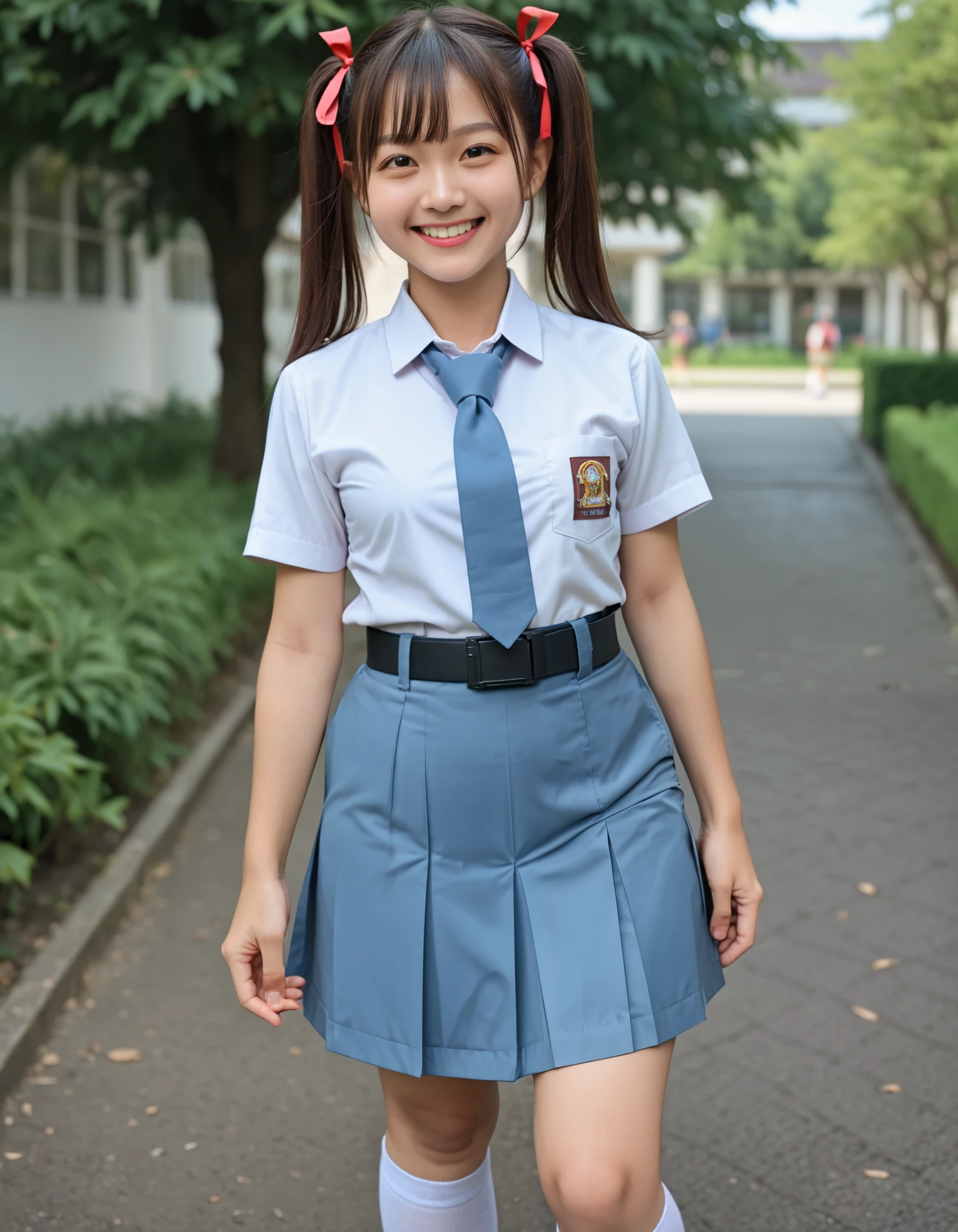 Masterpiece, hd, best quality, 1girl, flat breasts, brown hair, twintails, hair ribbon, yellow eyes, smile, happy, ribbon, Indonesian school uniform, wearing white collared shirt, short sleeves, light blue necktie, belt, light blue pleated skirt, white socks, black loafers, standing, outdoor, park