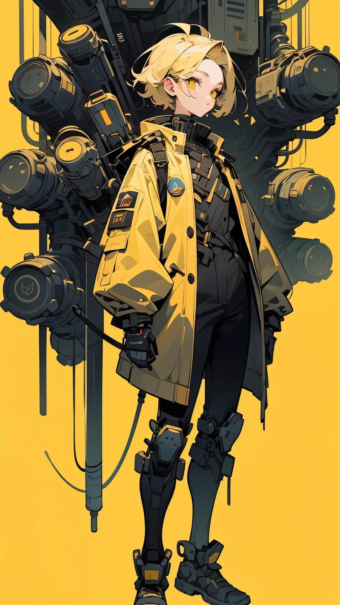 The image features a stylized illustration of a character with short blonde hair and yellow eyes, wearing a futuristic outfit. The character is standing against a bright yellow background. The outfit includes a yellow coat with various technological details, such as a digital display showing "03" and a series of buttons and dials. The character also has a device attached to their side, resembling a communication or control gadget, and the color "Yellow A." The character's outfit also features a patch with a stylized "A" and a small device labeled "2." The overall aesthetic is futuristic and cyberpunk, with a focus on technology and advanced design elements.