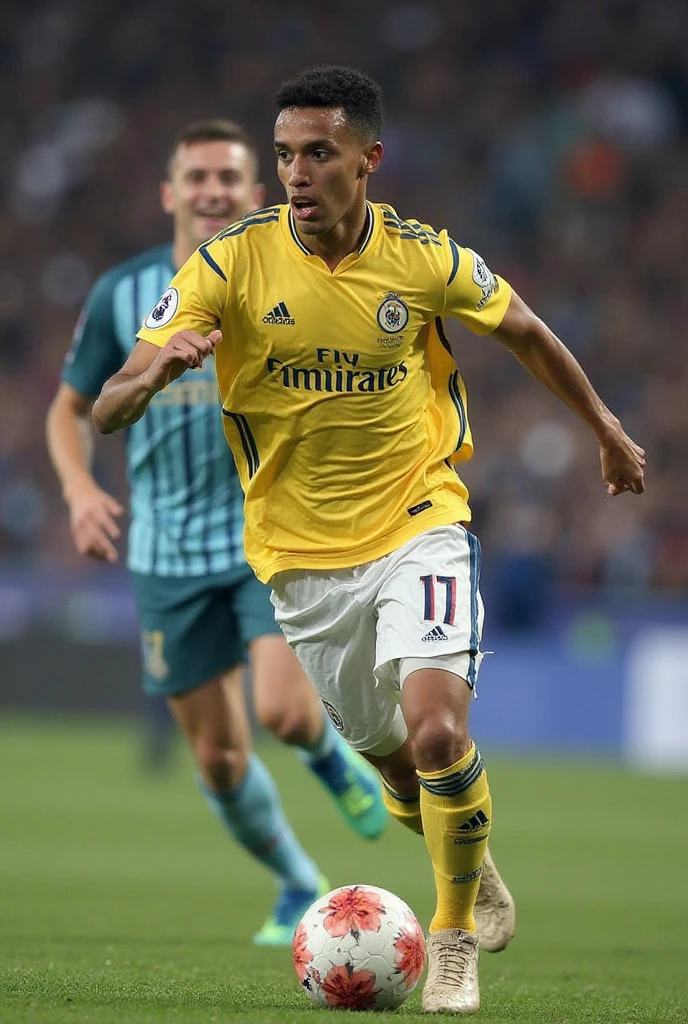 Neymar JR, in a stadium, Estradio Santiago Bernabéu, wearing Real Madrid shirt, realistic, bright lights, bowing to the camera, handsome, Neymar Jr, wearing Real Madrid shirt, real Madrid football club, white shirt, real Madrid CF shirt, bicycle kick, goal score, goal celebration
