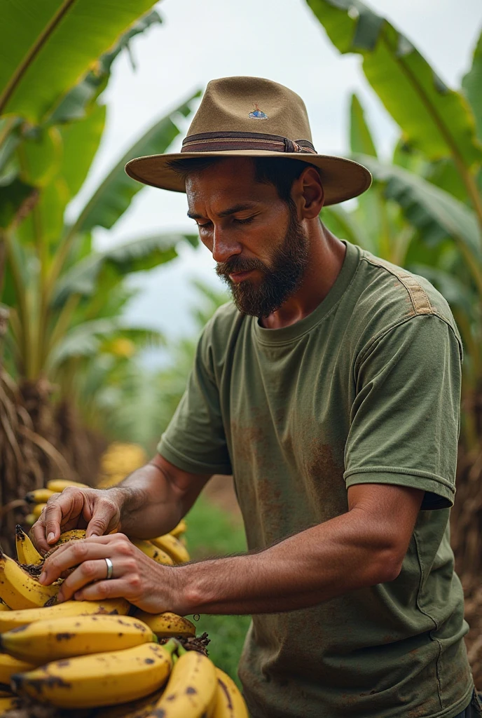 Young cute handsome white skinny face beautiful soft skin shirtless naked big penis in a banana garden in a basket hat nice butt