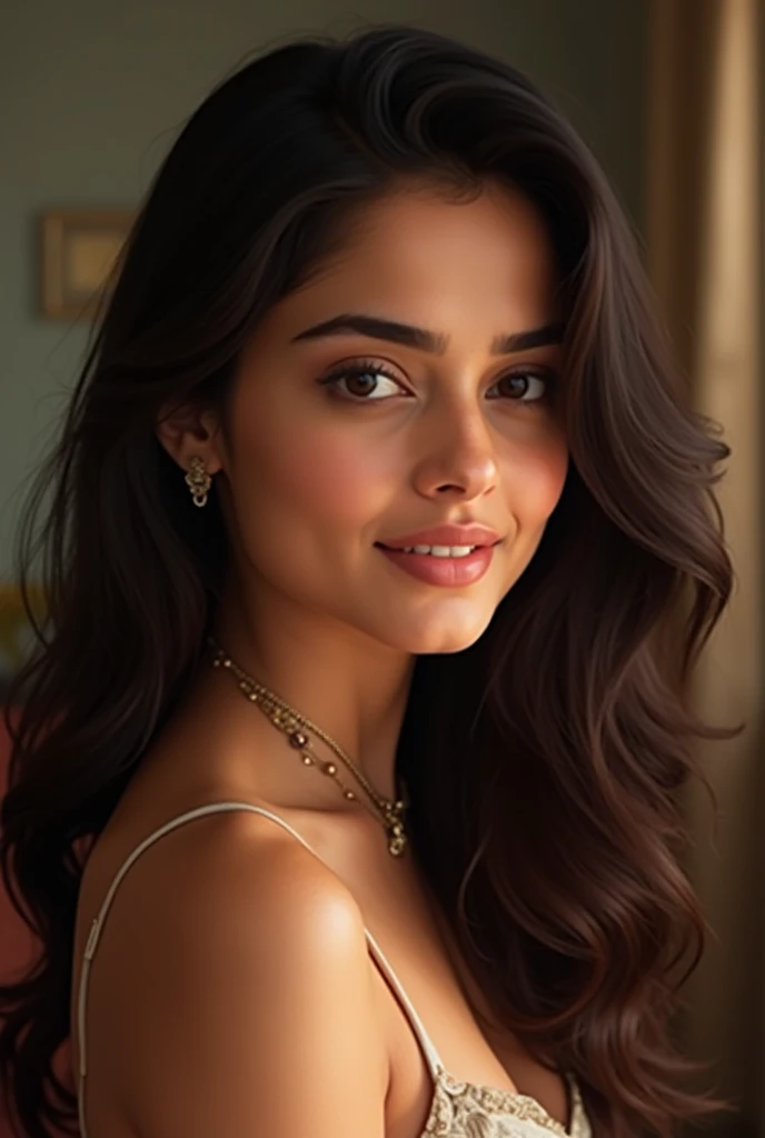 ((Masterpiece)), Most beautiful (young) woman, dream girl, petite, brown hair, ((flirting upturned brown eyes)), ((small)+red lips),most beautiful smile, (((small+thin) ((Beautiful)) (symmetric) nose)), headshot