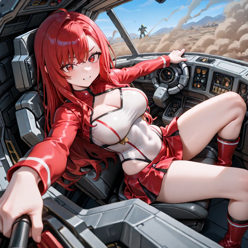 20-year-old girl，Crimson hair，side braid，Smile，Huge breasts，cleavage，Sheer red sleeveless top，Leave space in the middle to reveal cleavage，Soaked all over，Blushing，green eyes，Female spy，Red miniskirt，White gloves，White hand sleeves，White boots，Science fiction，Future，robot driver，There is a pistol on the back belt，No bangs，Wearing earrings only on one side，leather neck brace，There is a belt around the waist，Inside the huge robot cockpit，Sitting in the driving seat，Darkness all around