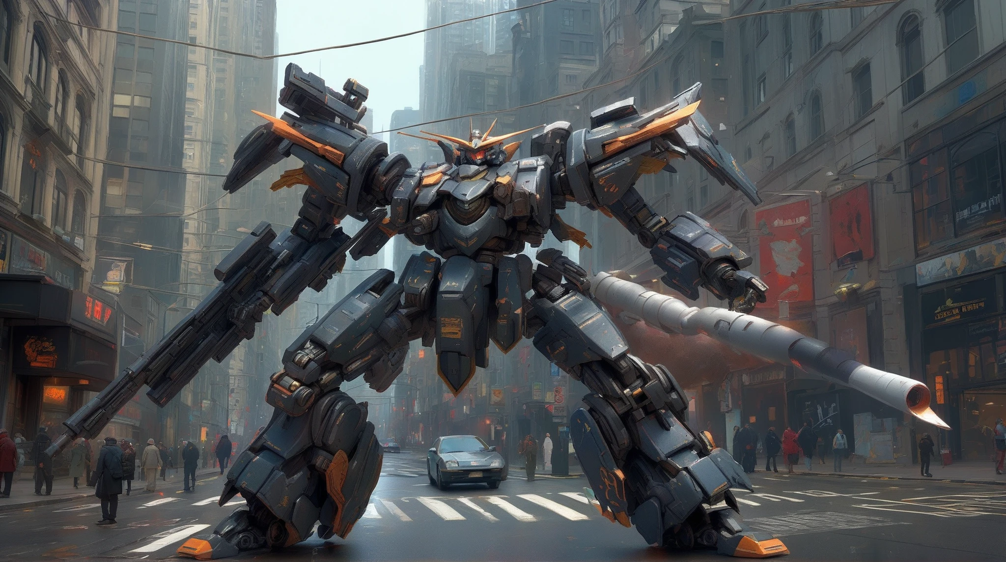 1robot, solo, (MECHA-QUAD-LEGS:1.2), (ARMOREDCORE:0.8) , (very biggest size mecha:1.6), quad legs, orange color, mecha armor, full armor, glowing yellow eyes, (city:1.5), (full body:1.2), clenched hand, mechanical parts, robot joints, (holding huge weapon:1.5), (huge mechanical shield:1.2),best quality, masterpiece, highly detailed, ultra-detailed,(huge mechanical weapon:1.3),(detailed armor:1.2),(detailed shield :1.2),(detailed weapon:1.2), (huge mechanical gun:1.2), digital artwork, illustrative, painterly, matte painting, highly detailed