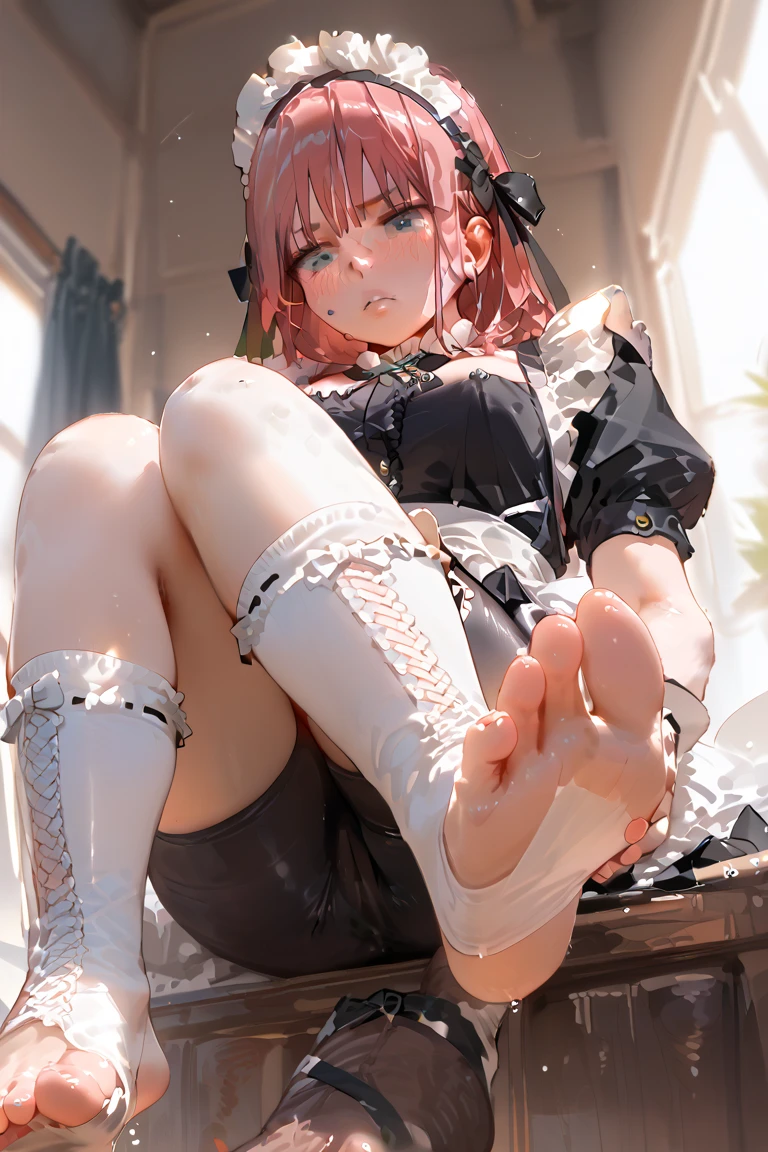in 8K、top-quality、masterpiece、ultra-detailliert、Ultra-high resolution、((1 persons))、 Beautiful detailed eyes , poneyTail、pink hair、Braided hair、makeups、Home、sitting down on the floor、bare-legged , the legs are open。look at the camera , perfect hands, complete anatomy), nude , naked , M-shaped legs, women opening legs , spread legs , hands up , tied to a chair in a basement, restraint, bdsm, restrained legs, restrained arms, bound, bound to chair, rope, tied with ropes, beautiful body, beautiful face, tied to chair with ropes, restrained body, unable to move, bondage ropes, tied up, machine bondage, fully restrained body,