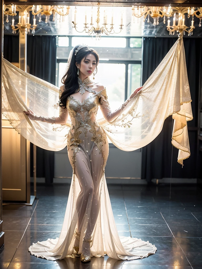 1girl, (face veil,mouth veil:1) ,dancer,masterpiece,bride,bride,(portrait:1.4), high quality, tropical palace ,(masterpiece:1.2),(best quality:1.2),shiny skin,(see-through),realistic,smile ,ornate,intricate,looking at viewer
