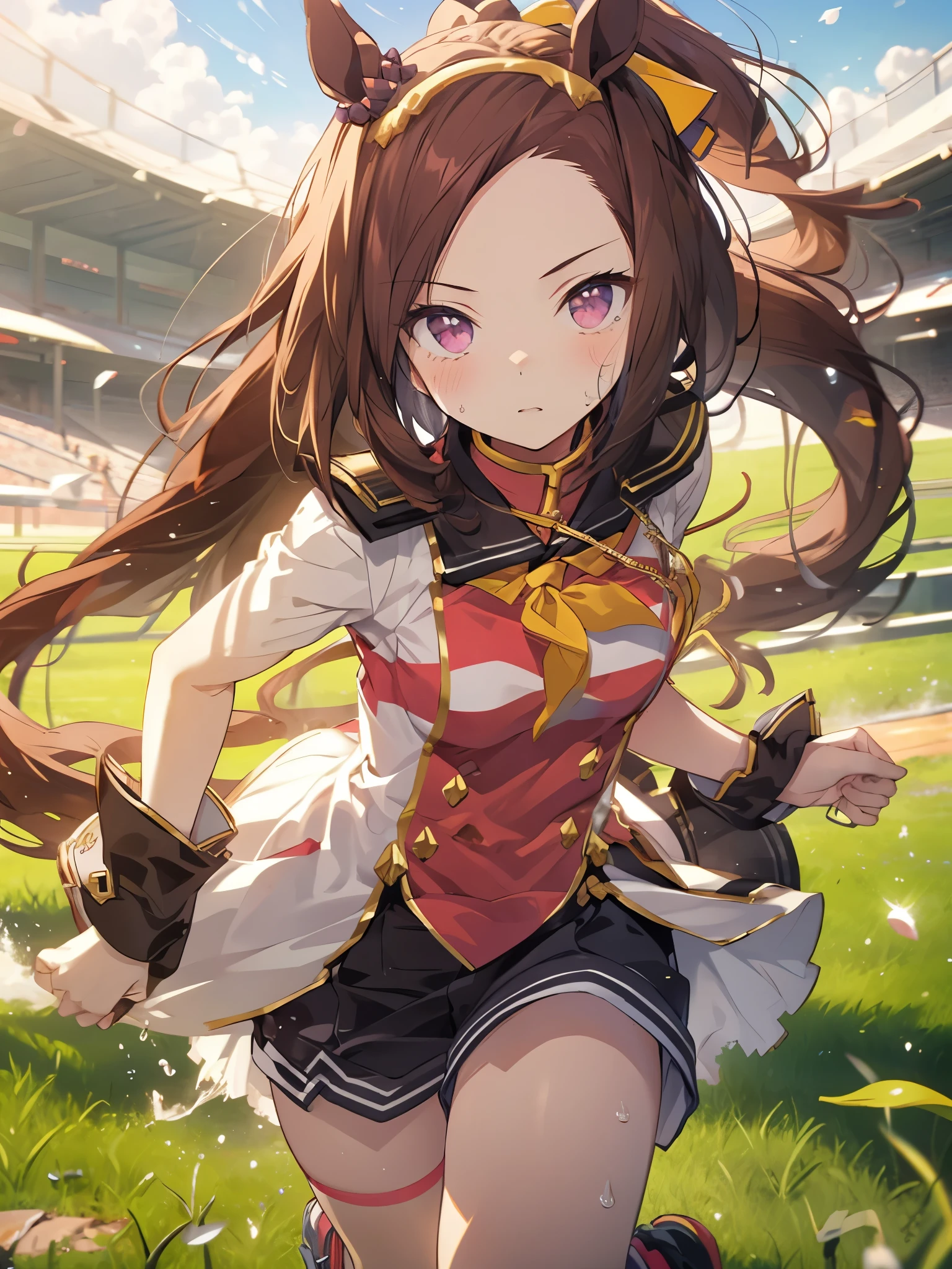 sakura bakushin o \( umamusme\),1 bashful girl,high image quality,super precise,Close-up image,best quality,anime style,((Competition clothes)),racecourse lawn,((running)),I'm dyeing my cheeks a little red,sweat on the boy,morning,The sunlight is dazzling,((smooth thighs)),Above the knee images,View from the front