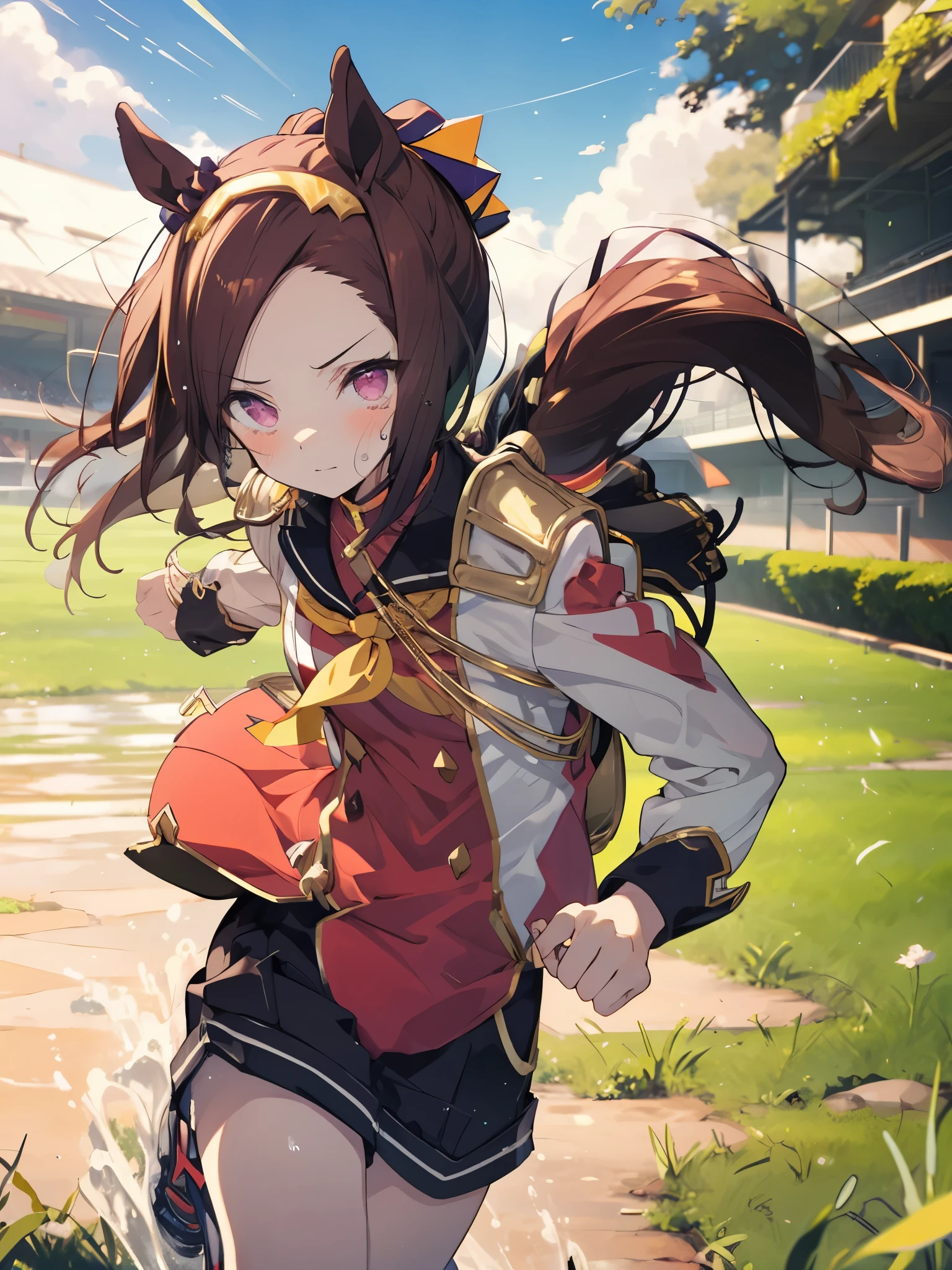 sakura bakushin o \( umamusme\),1 bashful girl,high image quality,super precise,Close-up image,best quality,anime style,((Competition clothes)),racecourse lawn,((running)),I'm dyeing my cheeks a little red,sweat on the boy,morning,The sunlight is dazzling,((smooth thighs)),Above the knee images,View from the front
