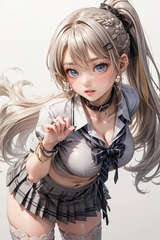 (SFW:1.5) ,Ultra high definition, High detail, Textured skin, retina, High resolution,
(masterpiece:1.2, top-quality), (realistic, photorealistic:1.4), beautiful illustration,
looking at viewer, full body, front view:0.6,
1 girl, japanese, high school girl, (long hair:1.5), blown hair, (side ponytail), hair over one eye, large breasts:0.8,
beautiful hair, beautiful face, beautiful detailed eyes, beautiful clavicle, beautiful body, beautiful chest, beautiful thigh, beautiful legs, beautiful fingers,
(beautiful scenery), School zone
((collared short sleeve shirt, white shirt, , grey plaid pleated skirt, blue plaid bow tie)), open chest shirt、(Underwear shows through the shirt:1.2)
(Are standing、slouch, grab the hem of the skirt, hands on chest, hand between leglush,(Leaning forward:1.5)(Portrait Angle)
