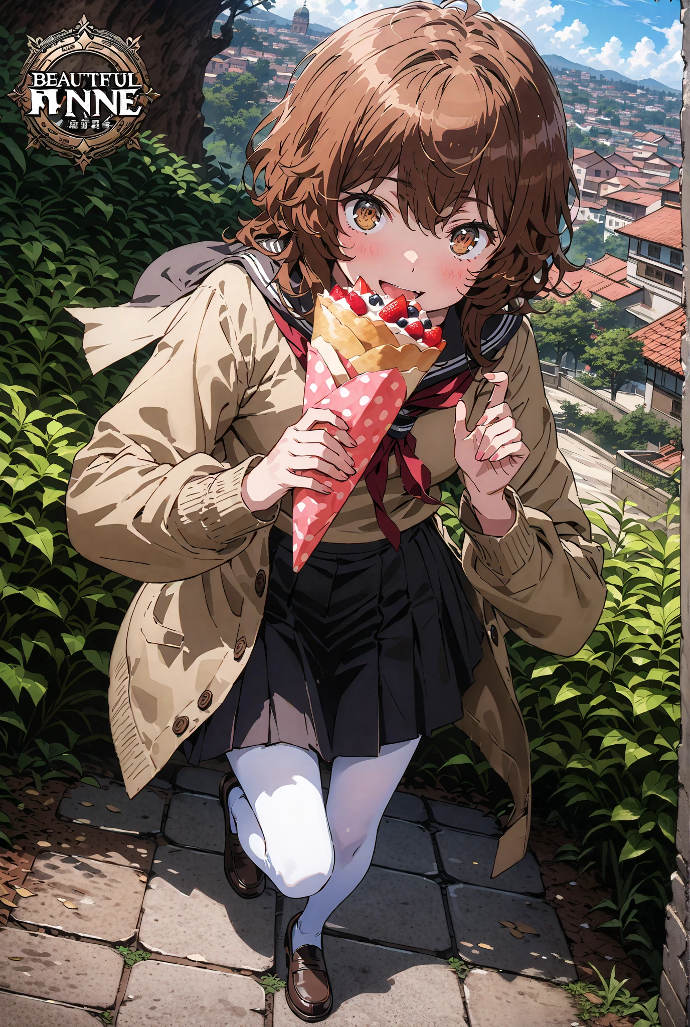 Liliru Card, Lilylka Alde, brown eyes, black cock, smile,cover,opens her mouth,short hair,Black sailor suit,red 弓tie, yellow cardigan , black mini pleated skirt ,white pantyhose as if it were in the illustration,loafers,Holding a crepe with one hand,gardenのベンチに座っている,Beautiful Scenery,noon,full bodyかイラストに入るように,angle from below,break outdoors,garden,
break looking at viewer,full body,
break (masterpiece:1.2),best quality , kampala, Unity 8K Wallpaper ,(shape:0.8),( fine, beautiful eyes :1.6),It's a person ,full body写真,CG Details , (perfect hands,complete anatomy),
