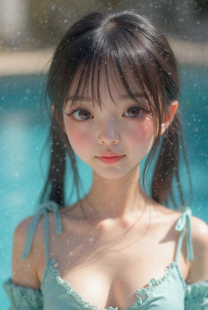 One Girl，Very cute girl at 16 years old，Big eyes:0.5，The face is facing straight ahead，Body facing forward，Beautiful nose，Fuller lips，Short black hair，ponytail，Detailed eyelashes，Thin eyebrows，Symmetrical eyes，Face close-up，White swimsuit，Portrait，View Viewer, half smile:0.5,