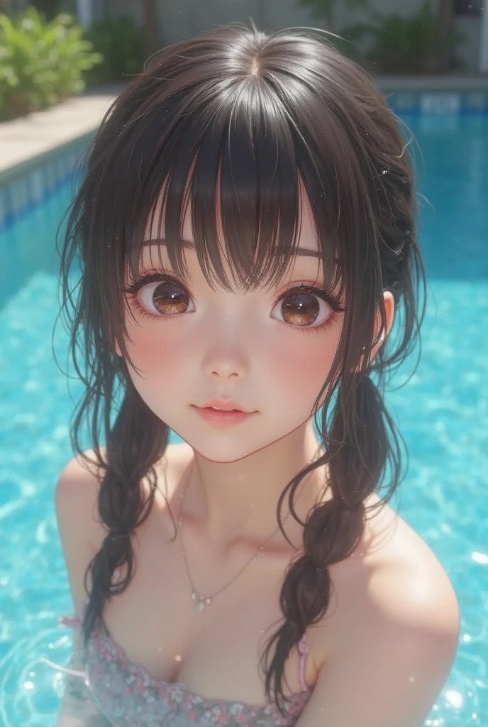 (Highest quality, masterpiece, Ultra-high resolution, (Realistic:1.4), RAW Photos, Depth of written boundary, Professional Lighting, Perfect Anatomy, Very detailed), One girl, 15 years old, The most famous Japanese idols, (((Pool, Are standing))), Wearing a cutely designed camisole, View your viewers, (((Embarrassing):1.3)), (Very cute face like the most popular Japanese idol, (Very cute and with very big round eyes), Very beautiful hair, (Very beautiful、Highly realistic skins), Very cute long eyelashes, very cute, smile