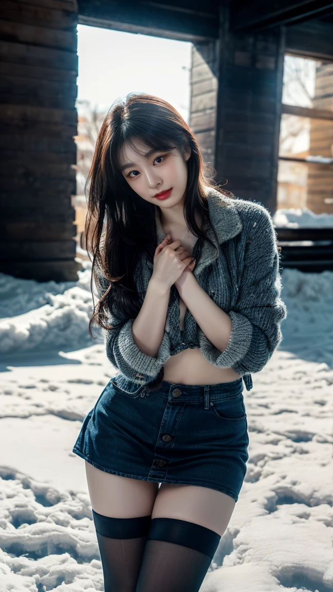 (RAW photo) Winters,Snowy scene,Pretty girl shoulder-length sweater,Wearing a short black skirt,Pantyhose under the skirt, White underwear, Random color,long sweater,depth of fields,Real light,Ray traching,OC renderer,UE5 renderer,Hyper-realistic,best qualtiy,8K,Works of masters,super-fine,Detailed pubic hair,Correct anatomy. Snow background。 Proud