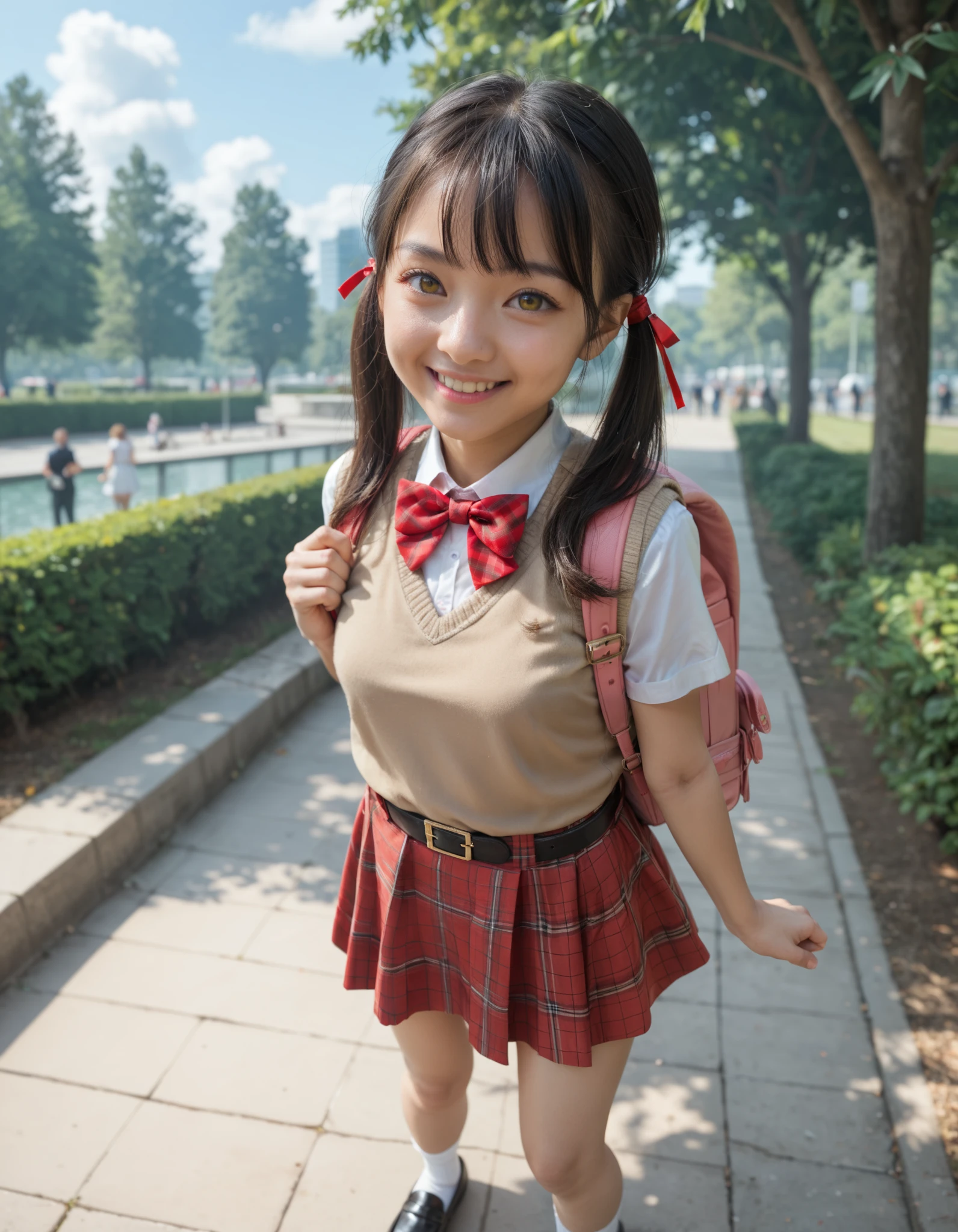 Masterpiece, hd, best quality, realistic, Chinese girl, 1girl, flat breasts, black hair, twintails, hair ribbon, yellow eyes, smile, happy, ribbon, wearing white collared shirt, brown sweater vest, short sleeves, red bowtie, belt, red plaid skirt, white socks, black loafers, wearing pink backpack, standing, outdoor, park