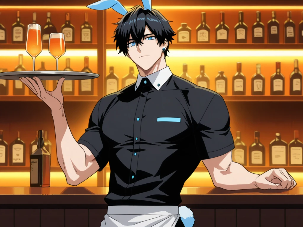 A guy with a bear face who works in a bar and is celebrating gay pride month is a handsome young man with black hair and muscles