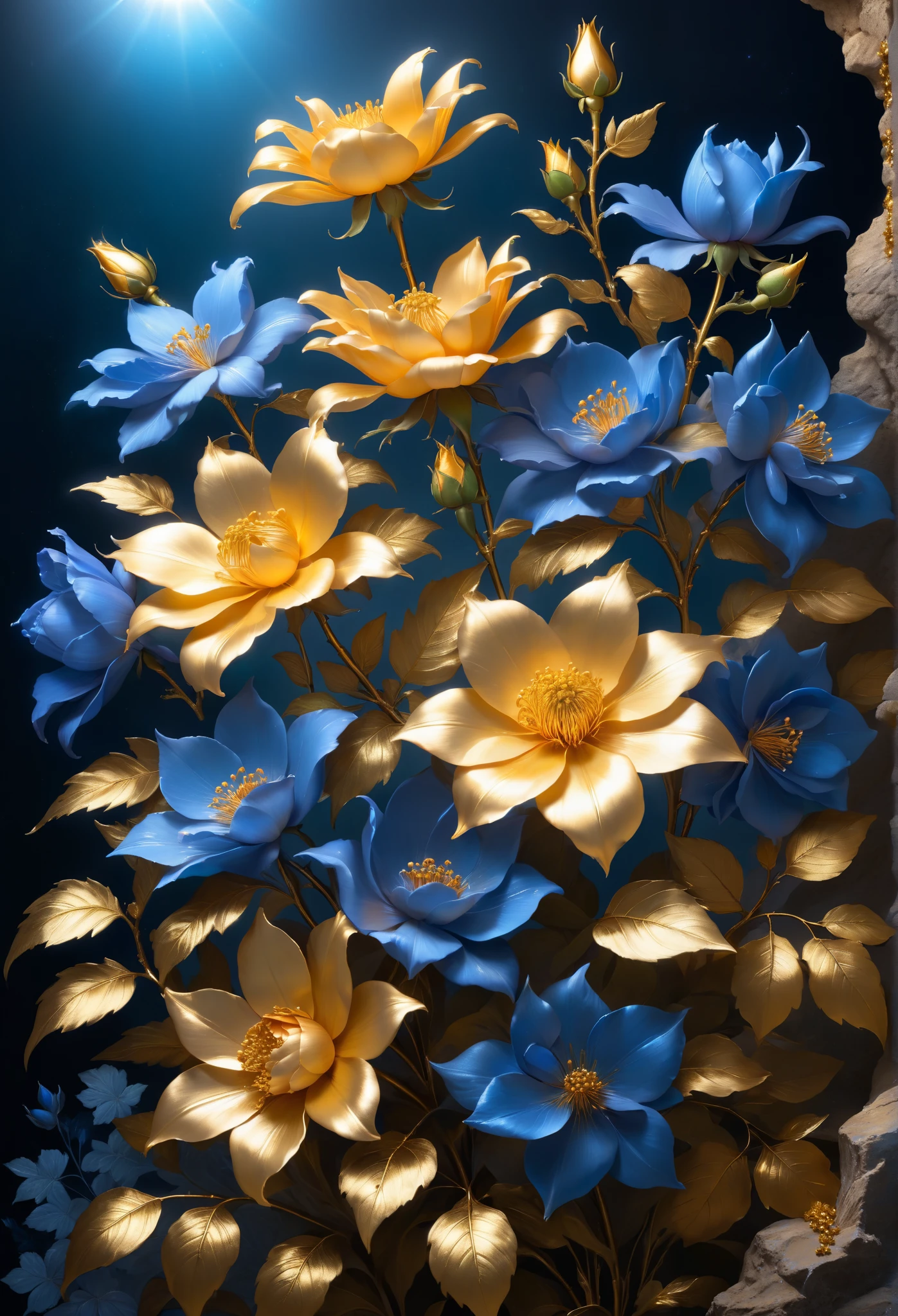 full bloom , The light from the back window creates a backlight, Rococo style, contrast of light and shadow , Close-up cleavage, Hyper HD, tmasterpiece, Acura, high detail, high quality, Reward-Awarded , best quality, high resolution, 8 k,
(A metallic rose of blue temptation grows tenaciously on the rock), Every metallic flower of the blue sorceress has falling petals, Rich metallic texture,they are dark blue,Like the night sky and the deep sea,Has an attractive metallic sheen,platinum leaves,Blue shells, (The edges of the petals are framed by golden shading technology:1.0),Capture light and shadow, golden flowers, helianthus flowers, golden rose , Flowers and gold, (Gold stamping: 1.5), detailed flower, gorgeous flowers,intricate flowers, Sloppy golden leafy flowers, 8 k detailed oil painting, Stunning and detailed, Gilded. flowers, blooming , baroque element, fine work ,Give people a kind of tenacious growth、An unshakable sense of the background of life:Cliffs cliff by the sea,