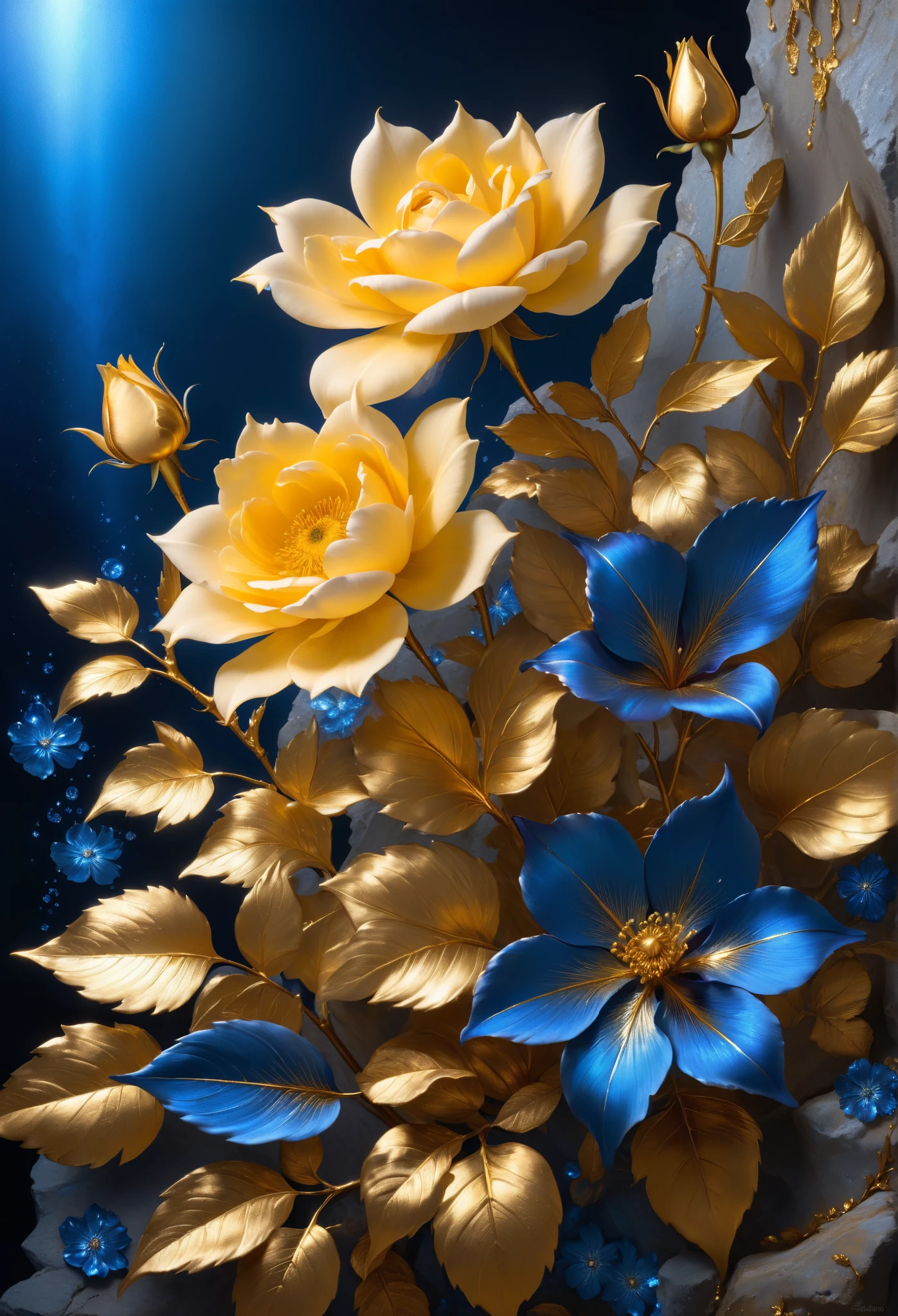 full bloom , The light from the back window creates a backlight, Rococo style, contrast of light and shadow , Close-up cleavage, Hyper HD, tmasterpiece, Acura, high detail, high quality, Reward-Awarded , best quality, high resolution, 8 k,
(A metallic rose of blue temptation grows tenaciously on the rock), Every metallic flower of the blue sorceress has falling petals, Rich metallic texture,they are dark blue,Like the night sky and the deep sea,Has an attractive metallic sheen,platinum leaves,Blue shells, (The edges of the petals are framed by golden shading technology:1.0),Capture light and shadow, golden flowers, helianthus flowers, golden rose , Flowers and gold, (Gold stamping: 1.5), detailed flower, gorgeous flowers,intricate flowers, Sloppy golden leafy flowers, 8 k detailed oil painting, Stunning and detailed, Gilded. flowers, blooming , baroque element, fine work ,Give people a kind of tenacious growth、An unshakable sense of the background of life:Cliffs cliff by the sea,