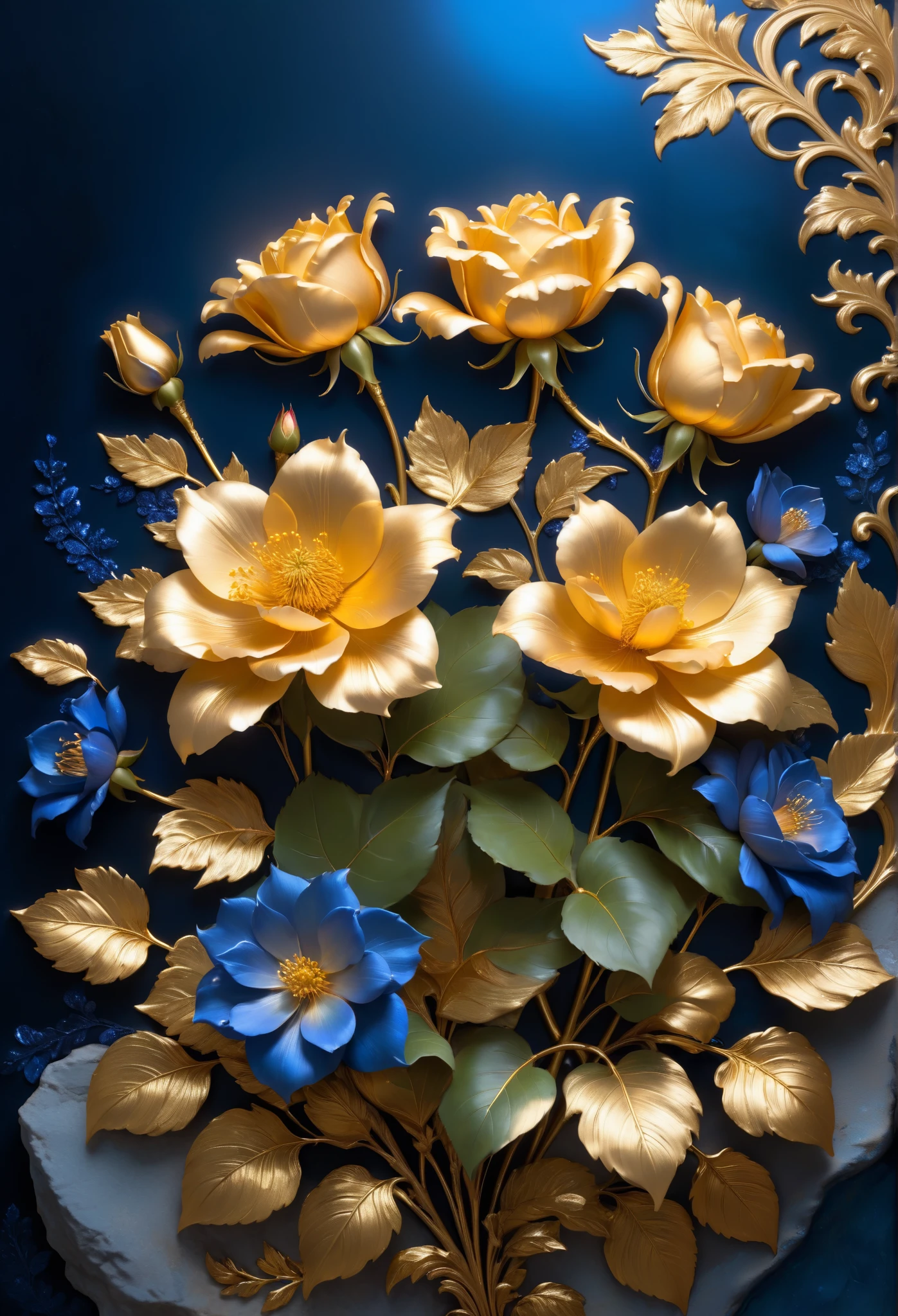 full bloom , The light from the back window creates backlight, Rococo style, contrast of light and shadow , Close-up cleavage, Hyper HD, tmasterpiece, Acura, high detail, high quality, Reward-Awarded , best quality, high resolution, 8 k,
(A metallic rose of blue temptation grows tenaciously on a cliff), Each metallic flower of the blue sorceress has falling petals, Rich metallic texture,they are dark blue,Like the night sky and the deep sea,Has an attractive metallic sheen,platinum leaves,Blue shells, (The edges of the petals are framed by golden shading technology:1.0),Capture light and shadow, golden flowers, helianthus flowers, golden rose , Flowers and gold, (Gold stamping: 1.5), detailed flower, gorgeous flowers,intricate flowers, Sloppy golden leafy flowers, 8 k detailed oil painting, Stunning and detailed, Gilded. flowers, blooming , baroque element, fine work ,Give people a kind of tenacious growth、An unshakable sense of the background of life:Cliffs cliff by the sea,