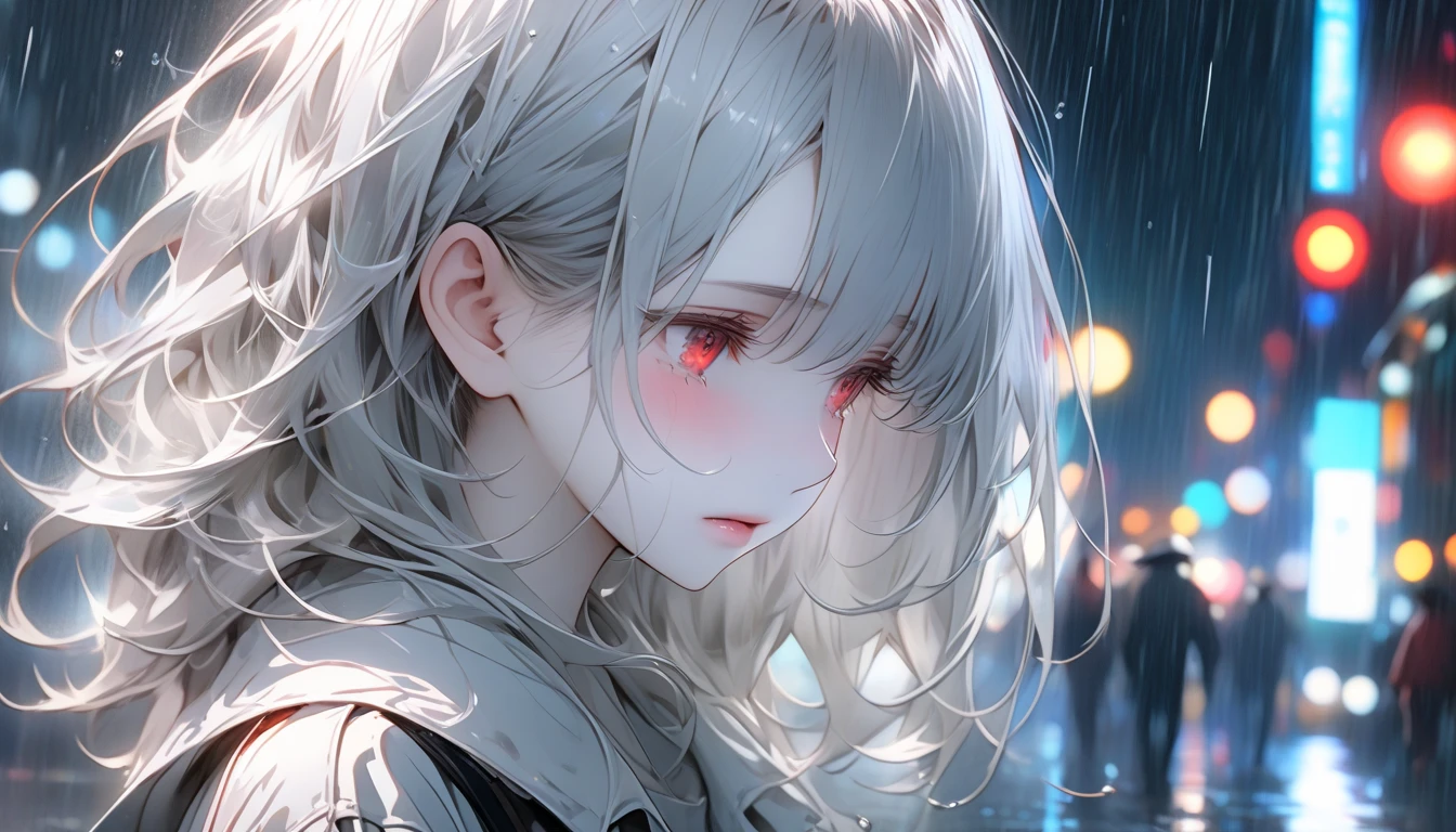 chromatic aberration, soft lighting,((masterpiece)),(best quality),(detailed),(masterpiece),(highres), (Perfect face),glowing eyes,airship ,city light,rain,reflection, red eye,red moon,Rococo,Starry,Trains,Guided Missile,nuke,gasmask,Perspective,reflective water, lake , skyscraper, night, city street,1girl, solo,1 girl,cute,ultra high res,mature female,maid, necklace,(shiny skin:1),(bright skin:1.1), (finely detailed beautiful eyes: 1.2) ,naturalistic, figurative, representational,very long hair,sweatf,rench window,wet