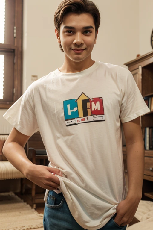 18 years older boy wearing T-shirt cartoon image sitting on computer chair