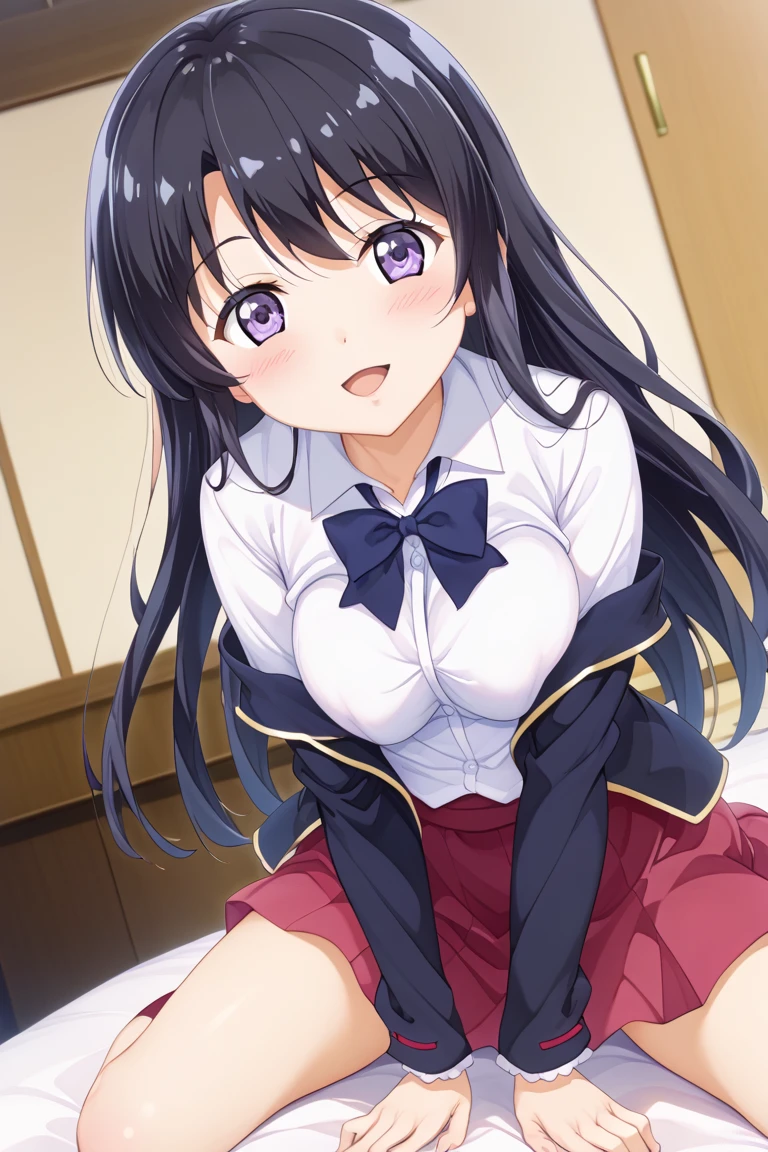  1girl, solo, azusa nakano, , jacket, looking at viewer, smile,miniskirt,(((,panties))),squatting,indoor,open legs,spread legs,medium breasts