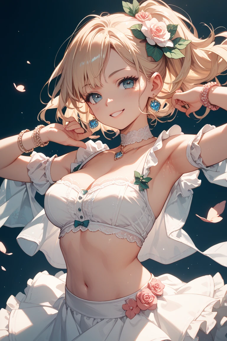 a beautiful girl with detailed face, long eyelashes, pastel pink lingerie with white details, black microskirt, thigh high stockings, garter belt, looking at camera with smile, masterpiece, hyperrealistic, 8k, intricate details, studio lighting, ethereal, elegant, glamorous