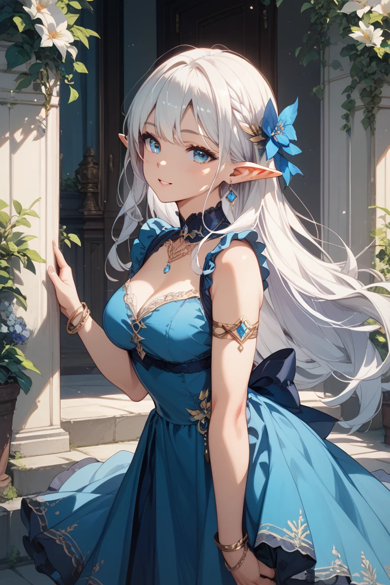 top-quality、Top image quality、masterpiece、two friendly elves、Elven Beauty、smiling while holding a bouquet of roses((24 year old、Best Bust、big bast、Bust 90,beautiful blue ironed long hair、A slender、a closeup、Esbian、beautiful tiara、hiquality、beautiful white bouquet、Beautiful Art、Background with((starrysky)))masutepiece、visualart、depth of field awning、sunrises、elf midnight、harp melody🎵、Happy smile、Gentle light、、Beautiful and skin-friendly breasts、beautiful foot、welcome、、Number of fingers with accurate finger movements、nffsw、beautiful dress sistic In the flower garden、flower field、、Marble pillars、Sit up