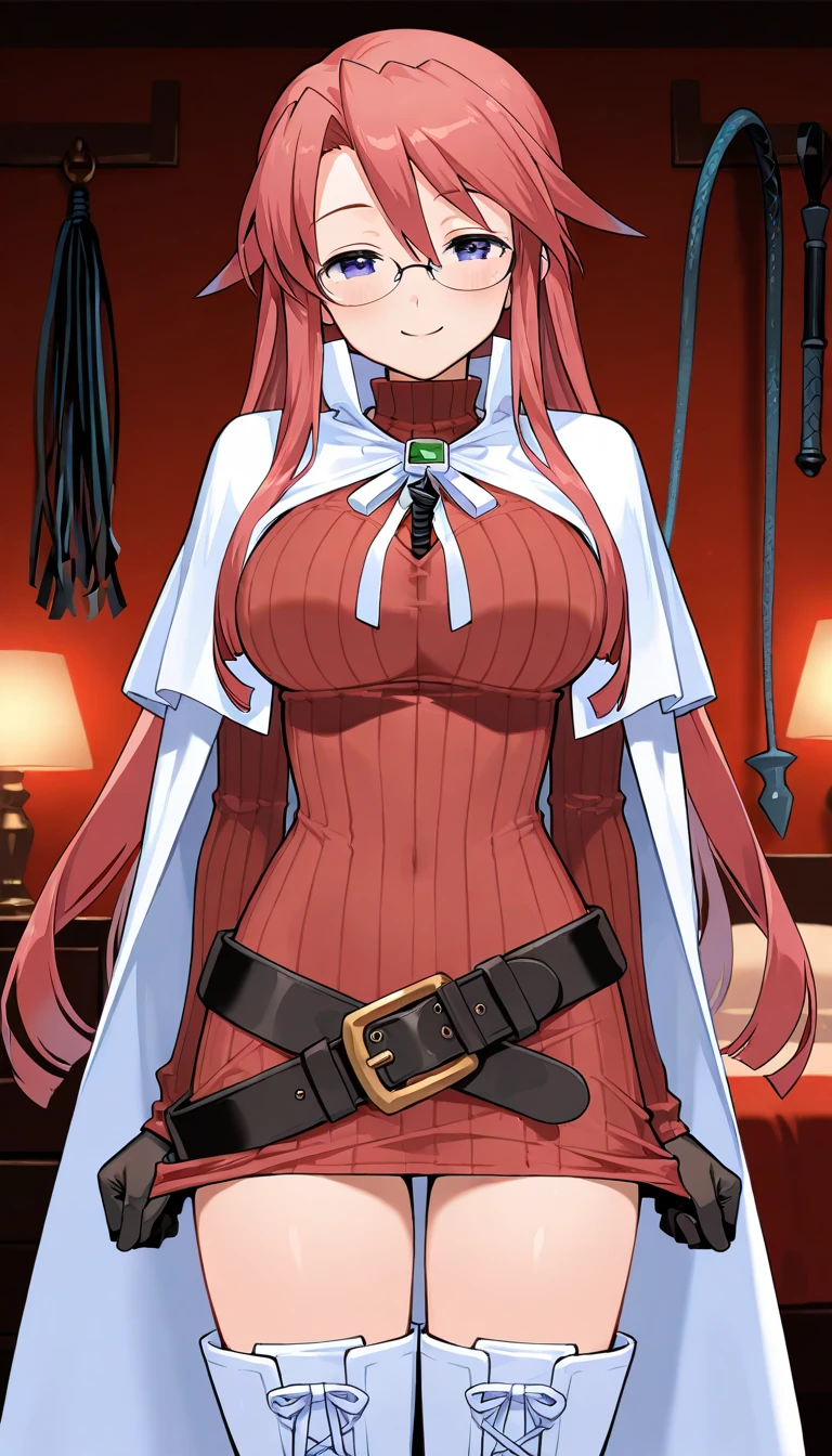 Izayoi Aki, Standing split, empty eyes, smile, big breasts, precise hands, short crimson skirt, red and black corse, anime style