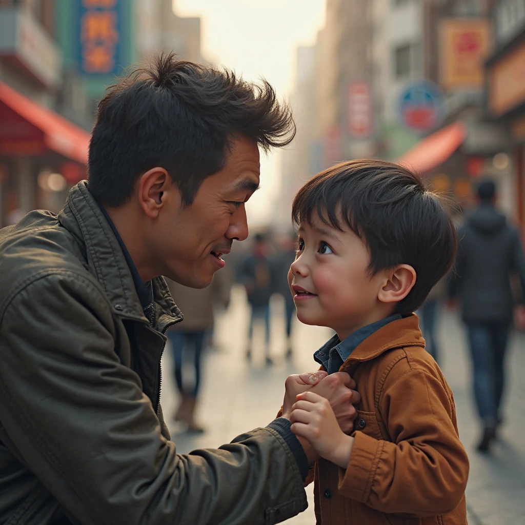 (highres, best quality: 1.2), A charming little boy with a PIXAR-styled appearance, dressed in a black shirt and carrying a bag, is engrossed in playing with his cellphone as he casually walks around the bustling city. Surrounded by an abundance of people, the scene is brimming with vibrant colors and lively energy. The high-resolution image displays every intricate detail of his childlike features, from his rosy cheeks to the expressive wrinkles on his forehead when he laughs. The urban background is meticulously crafted, with buildings and passersby showcasing lifelike textures and authentic lighting that contributes to the