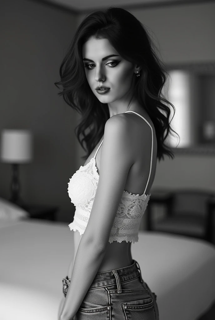 sensual brunette woman in underwear black and white photo