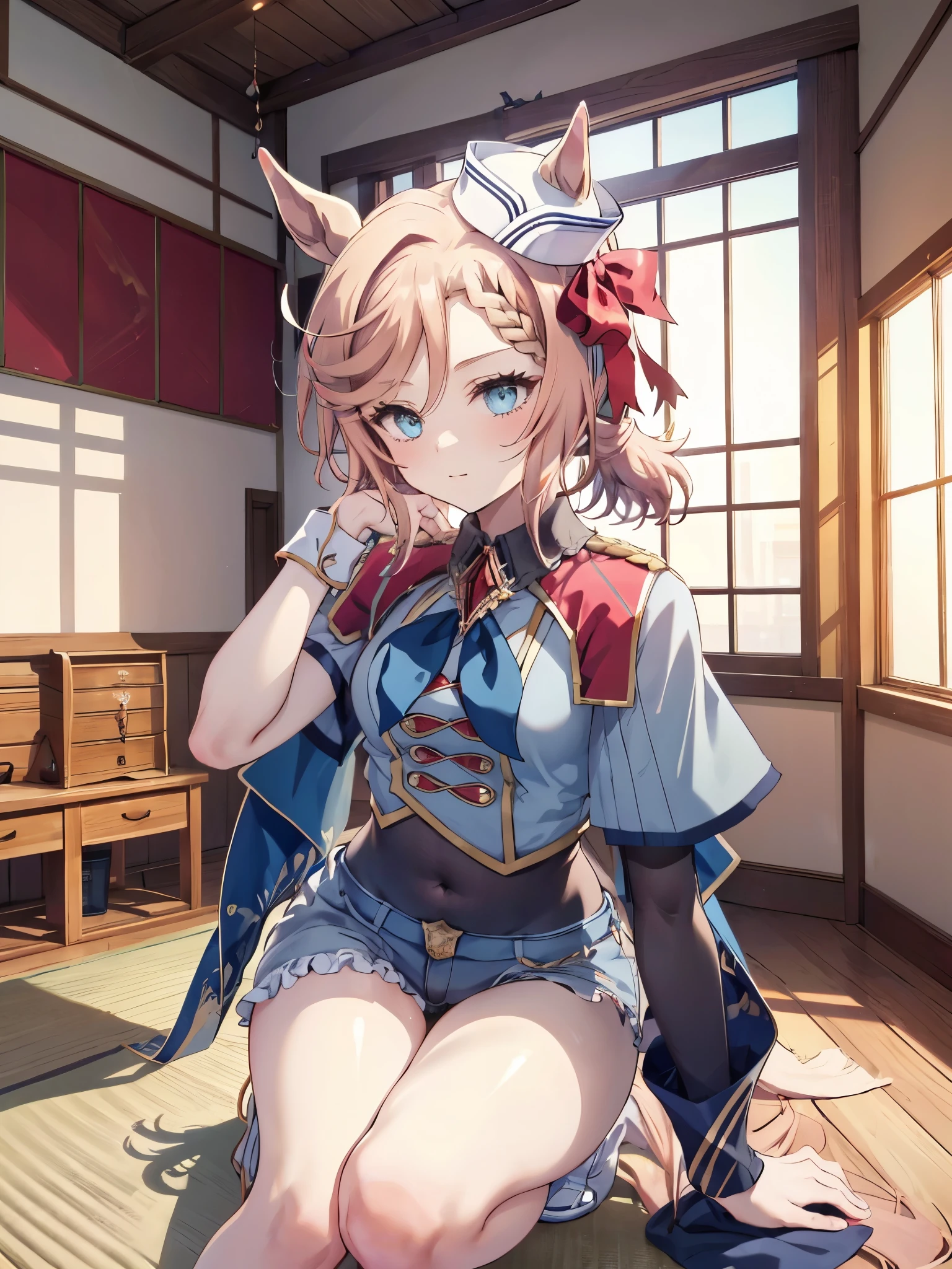 Venus Park /(umamusume/),1girls naked,high image quality,best quality,super precise,Character up images,((rooms in Japan)),( things are scattered ),(standing),((yawning))((Competition clothes)),( sleepy face)),I'm dyeing my cheeks a little red,is facing here,Above the knee images,(smooth thighs),Image viewed from the side at an angle,((Slightly thin thighs))
