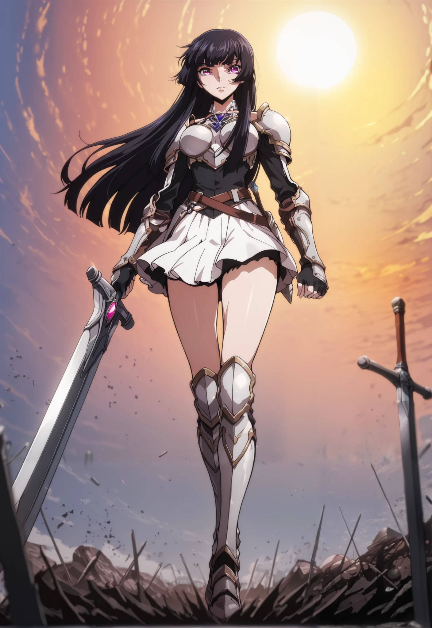 (masterpiece:1.3), (8K, best quality:1.3), Highest image quality, intricate details, high resolution, depth field, Natural light, professional lighting, anime coloring, from front:1.2,
BREAK, a woman in armor holding a large sword in her right hand walking towards the viewer in battlefield,  ([1girl, long hair, hime cut, black hair, pink eyes, medium breasts]), ([white breastplate, white miniskirt, white shoulder pads, white gauntlet, white greaves, gloves, barelegs]), (battlefield)
, (sun, daytime), BREAK solo, anatomically correct
