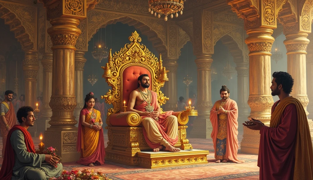 "An illustrated scene from the beginning of the Ramayana, depicting King Dasharatha of Ayodhya in his royal palace. He is seated on a grand throne, surrounded by his three queens: Kaushalya, Sumitra, and Kaikeyi. The palace is adorned with intricate designs and vibrant colors, reflecting a royal atmosphere. In the background, young Ram, Lakshman, Bharat, and Shatrughna can be seen receiving blessings from Sage Vashistha, who is holding a sacred text. The setting captures the essence of ancient India, with ornate pillars, rich textiles, and a sense of reverence. The overall mood is one of anticipation and divinity, symbolizing the significance of the upcoming events in the epic."
