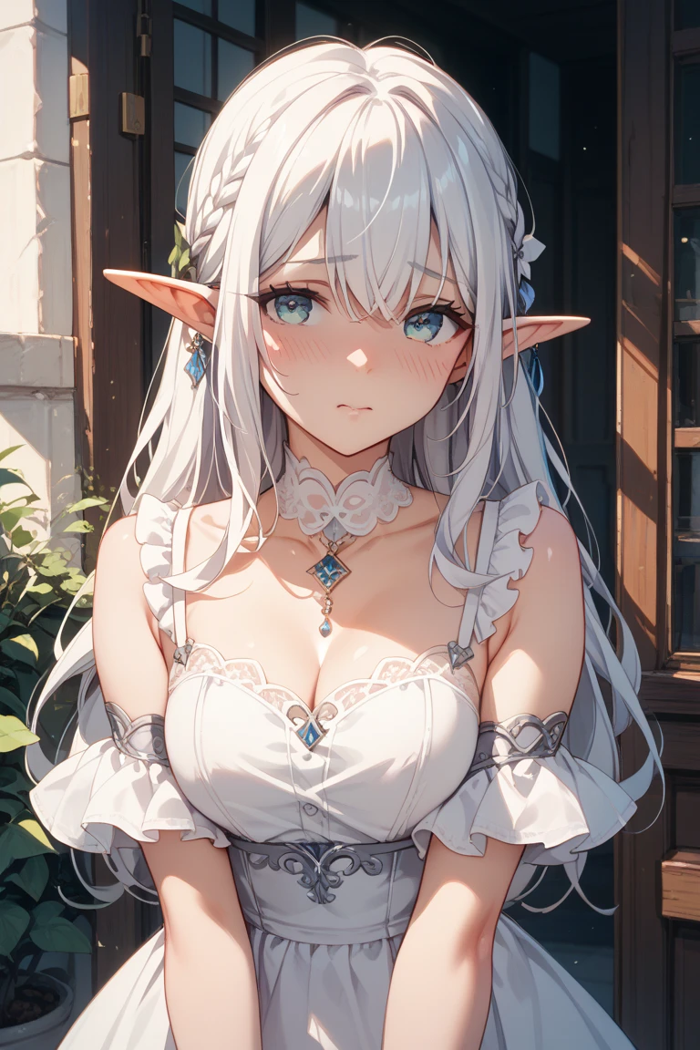 Masterpiece, best quality, UHD, 1girl, beauty woman, long silver hair, mature elf woman, elf ears, beauty wavy hair, (at flower field), beauty blue eyes, detailed eyes, (( wedding dress, bridal veil )), big saggy tits, walking, blushing, seductive smile, above view, colourfull background, volumetric lighting, warm lighting