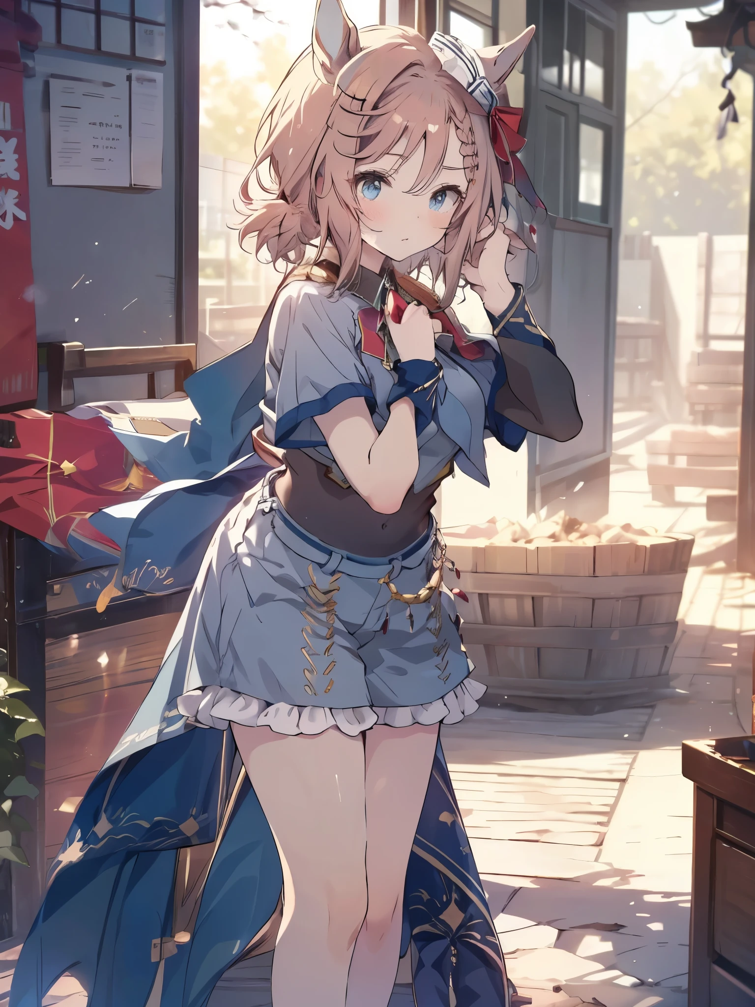 Venus Park /(umamusume/),1girls naked,high image quality,best quality,super precise,Character up images,((rooms in Japan)),( things are scattered ),(standing),((yawning))((Competition clothes)),( sleepy face)),I'm dyeing my cheeks a little red,is facing here,Above the knee images,(smooth thighs),Image viewed from the side at an angle,((Slightly thin thighs)), Character Up