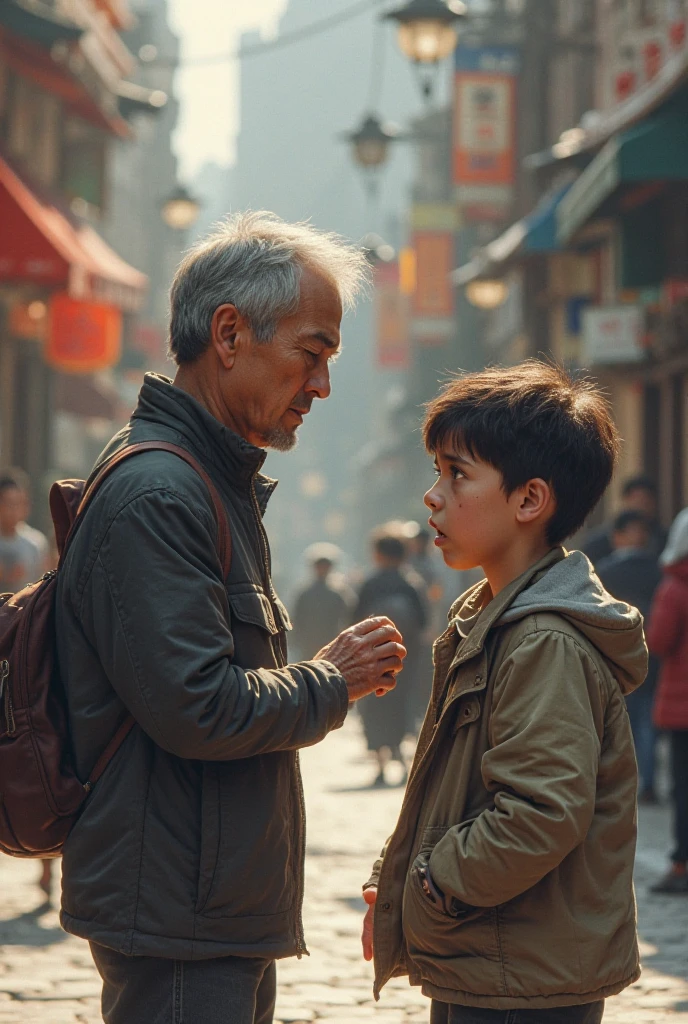 Create an image of a man looking at the yv of a shop window.Add to the side of the window a child begging. The man does not see the child who asks the people who pass by, he only sees the TV screen.ignore the child.