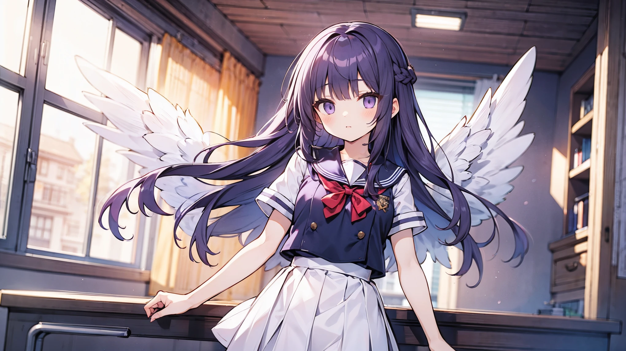 ((masterpiece)),((highest quality)),((Anatomical)),((Realistic)),((Detailed Description)),((cute)),((女の子のcute部屋)),(((fallen Angel))),((Beautiful eyes)),((Baby Face)),((Petite)),((Bewitching Smile)),((Jet-black wings)),((Sailor suit)),((skirt)),