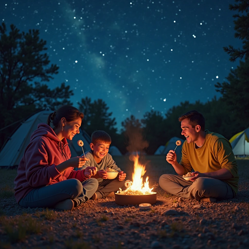 three boys seating near campfire with third in central place older than they