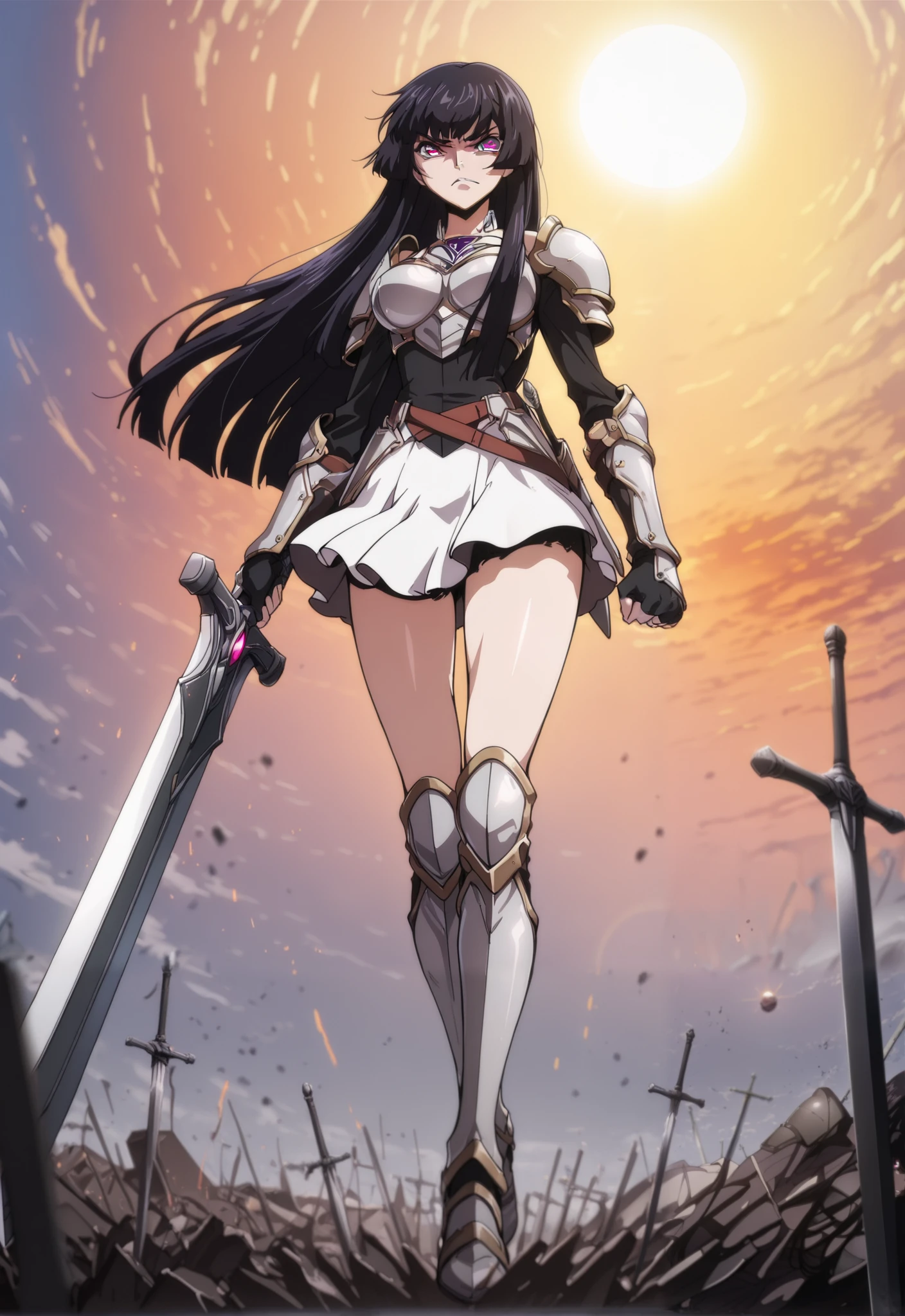 (masterpiece:1.3), (8K, best quality:1.3), Highest image quality, intricate details, high resolution, depth field, Natural light, professional lighting, anime coloring, from front:1.2,
BREAK, a woman in armor holding a large sword in her right hand walking towards the viewer in battlefield,  ([1girl, long hair, hime cut, black hair, pink eyes, medium breasts, angry]), ([white breastplate, white miniskirt, white shoulder pads, white gauntlet, white greaves, gloves, barelegs]), (battlefield)
, (sun, daytime), BREAK solo, anatomically correct
