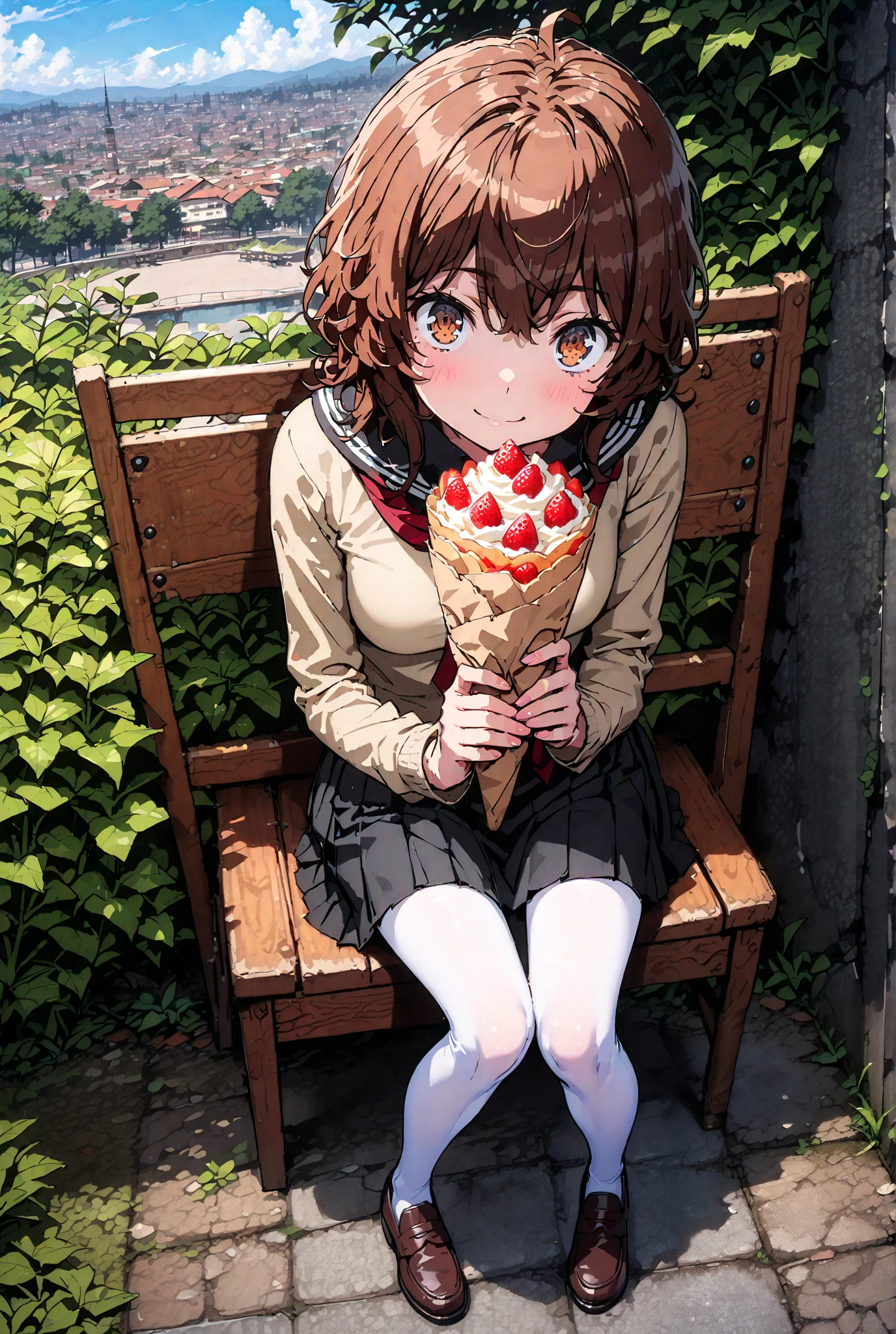 Liliru Card, Lilylka Alde, brown eyes, black cock, smile,cover,opens her mouth,short hair,Black sailor suit,red 弓tie, yellow cardigan , black mini pleated skirt ,white pantyhose as if it were in the illustration,loafers,Holding a crepe with one hand,sitting in a chair,Beautiful Scenery,noon,full bodyかイラストに入るように,angle from below,break outdoors,garden,
break looking at viewer,full body,
break (masterpiece:1.2),best quality , kampala, Unity 8K Wallpaper ,(shape:0.8),( fine, beautiful eyes :1.6),It's a person ,full body写真,CG Details , (perfect hands,complete anatomy),