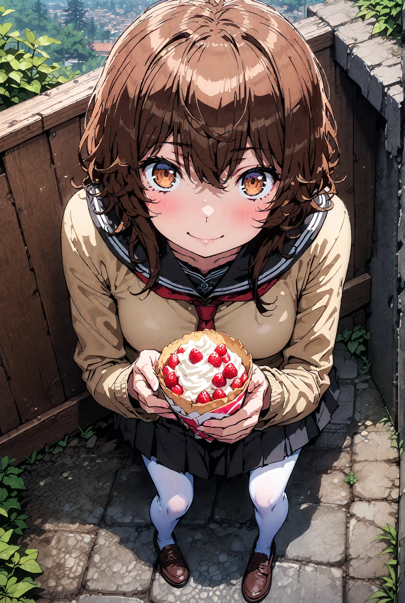 Liliru Card, Lilylka Alde, brown eyes, black cock, smile,cover,opens her mouth,short hair,Black sailor suit,red 弓tie, yellow cardigan , black mini pleated skirt ,white pantyhose as if it were in the illustration,loafers,Holding a crepe with one hand,sitting in a chair,Beautiful Scenery,noon,full bodyかイラストに入るように,angle from below,break outdoors,garden,
break looking at viewer,full body,
break (masterpiece:1.2),best quality , kampala, Unity 8K Wallpaper ,(shape:0.8),( fine, beautiful eyes :1.6),It's a person ,full body写真,CG Details , (perfect hands,complete anatomy),