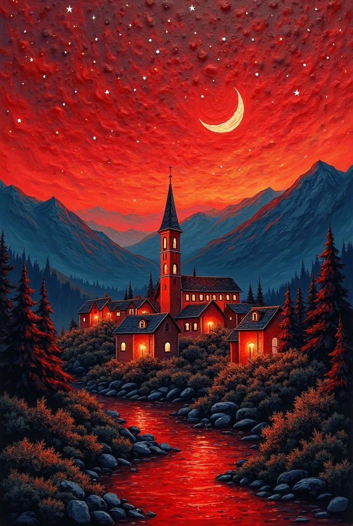 
I imagine a night scene with a blood-red sky, covered with bright stars and a red crescent Moon. The village below is illuminated by red lamps, creating a dramatic contrast with the sky.

The mountains in the background are painted with shades of dark red and orange, creating a sense of depth and mystery. The church in the center of the village has a tall and narrow bell tower, painted with shades of bright red.

The trees and shrubs are painted with shades of dark green, but with a touch of red, as if they were being illuminated by a red light. The river that crosses the village is painted with shades of dark blue, but with a touch of red, creating an interesting contrast with the sky.

The painting is full of details and textures, with thick and expressive brushstrokes. The style is similar to that of Van Gogh, but with a more dramatic and intense approach.

This is my vision of "bloody night ", a replica of "Starry Night" with red tones and red sky.