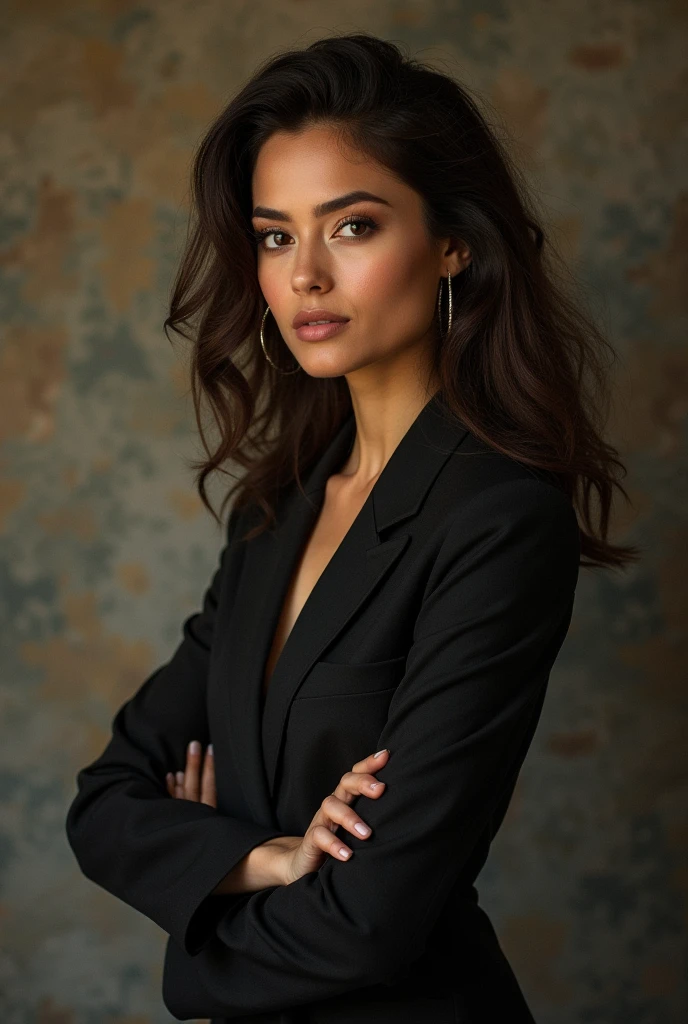 A girl with curly beautiful long hairs brown eyes wearing black pakistani lawyer suit
 has nosepeircing and wearing small size diomand nosepin
