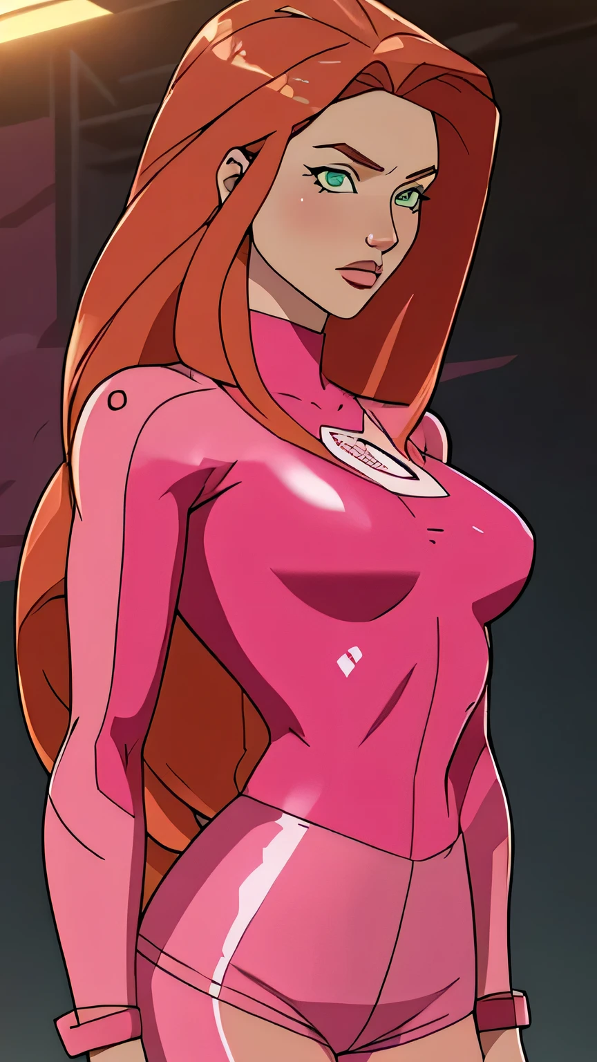 (masterpiece, best quality), AtomEve, green eyes, orange hair, long hair, pink bodysuit, pink gloves, elbow gloves, pink boots, standing, looking at viewer, naughty face, nose blush, outdoors
