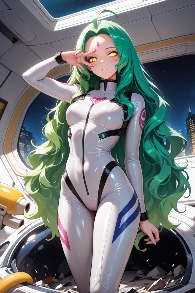 Alien woman, antennas on head, tentacles, yellow colored-eyes, (alien sci-fi women, green colored-skin, long white colored-hair, buns), science, well-proportioned, high-dimensional, detailed appearance: Full body, sci-fi suit.