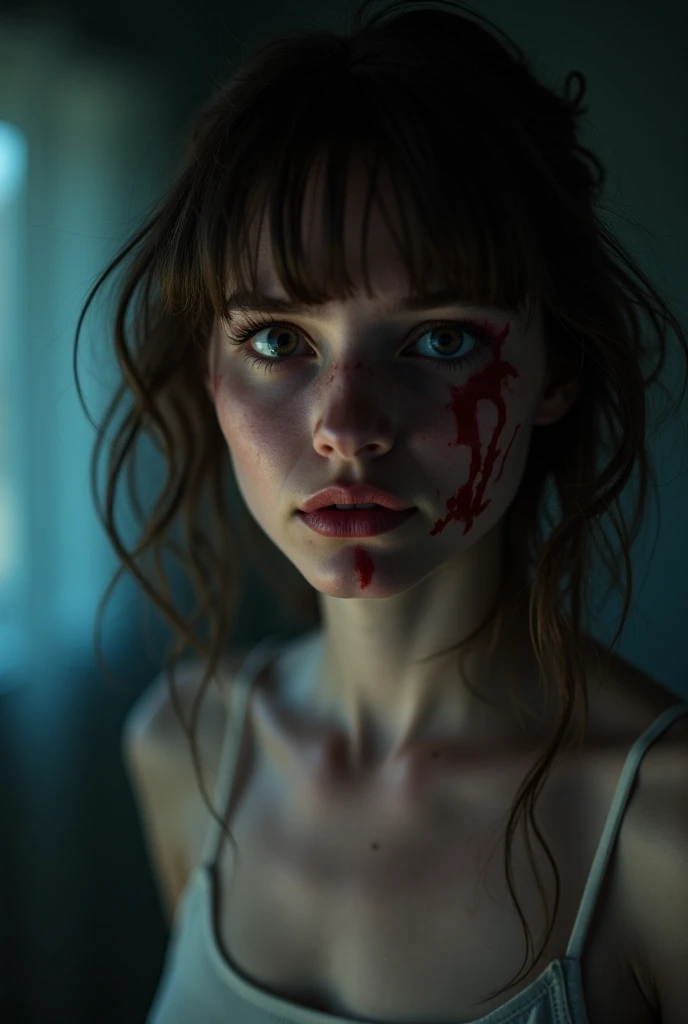 (photorealistic) photo, (masterpieces), beautiful lighting, best quality, realistic, full posture, full body, real picture, intricate details, depth of field, Elsa from Frozen as Carrie from horror movie, She has a mad and demented look, she is all covered in blood, dripping, all in blood(hair, face, neck, body, hands, clothes, legs), blood drips from hair, face and hands, barefoot, backgroung is land of ice from the fairy tale "frozen", stands in the middle of the street fujifilm xt3, Beautiful lighting, RAW photo, 8k uhd, film grain ((bokeh))