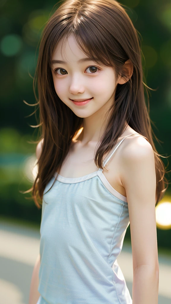 18-year-old, adorable, japanese girl, , portrait ,Tank top((mini skirt))、Thighs Thighs Nose:1.1), , (high color saturation,catch light:1.0), (highly detailed skin), (highest quality:1.0), (Super high resolution:1.0) ,(photo-realistic:1.0), (super detailed:1.0), (8K, RAW photo:1.1),( smile:0.8),looking at the viewer