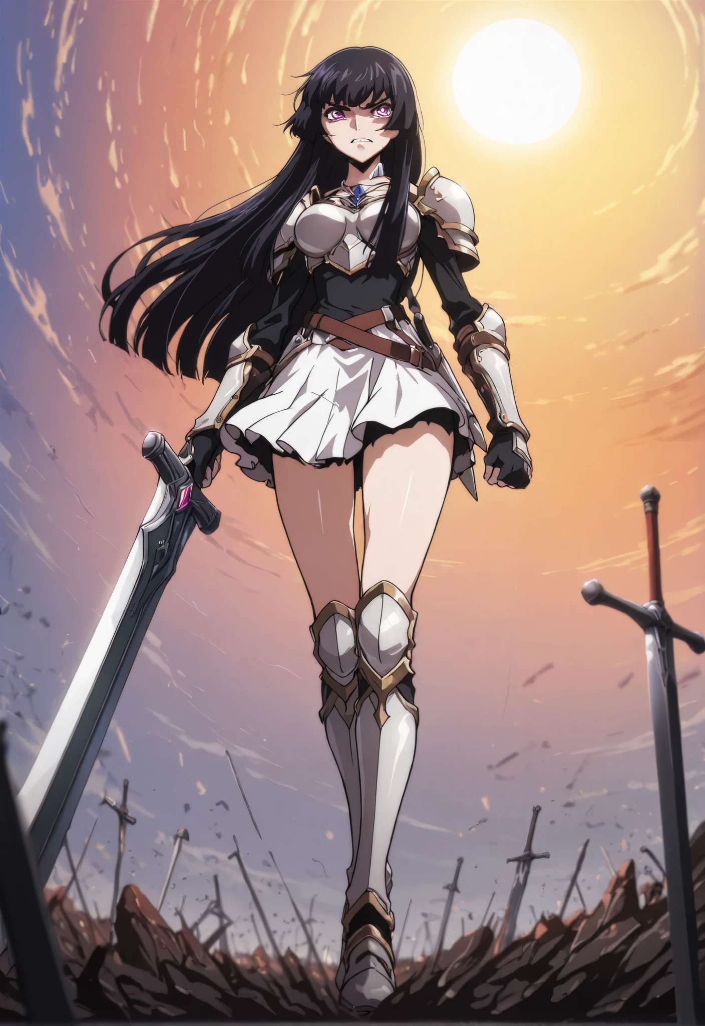 (masterpiece:1.3), (8K, best quality:1.3), Highest image quality, intricate details, high resolution, depth field, Natural light, professional lighting, anime coloring, from front:1.2,
BREAK, a woman in armor holding a large sword in her right hand walking towards the viewer in battlefield,  ([1girl, long hair, hime cut, black hair, pink eyes, medium breasts, angry]), ([white breastplate, white miniskirt, white shoulder pads, white gauntlet, white greaves, gloves, barelegs]), (battlefield)
, (sun, daytime), BREAK solo, anatomically correct
