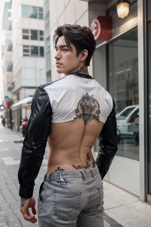 Realistic image of non-binary person, with various tattoos of symbols hidden all over the body, medium-sized black hair, friendly expression, black combat pants, camiseta de banda comprida, casado sobretudo preto
