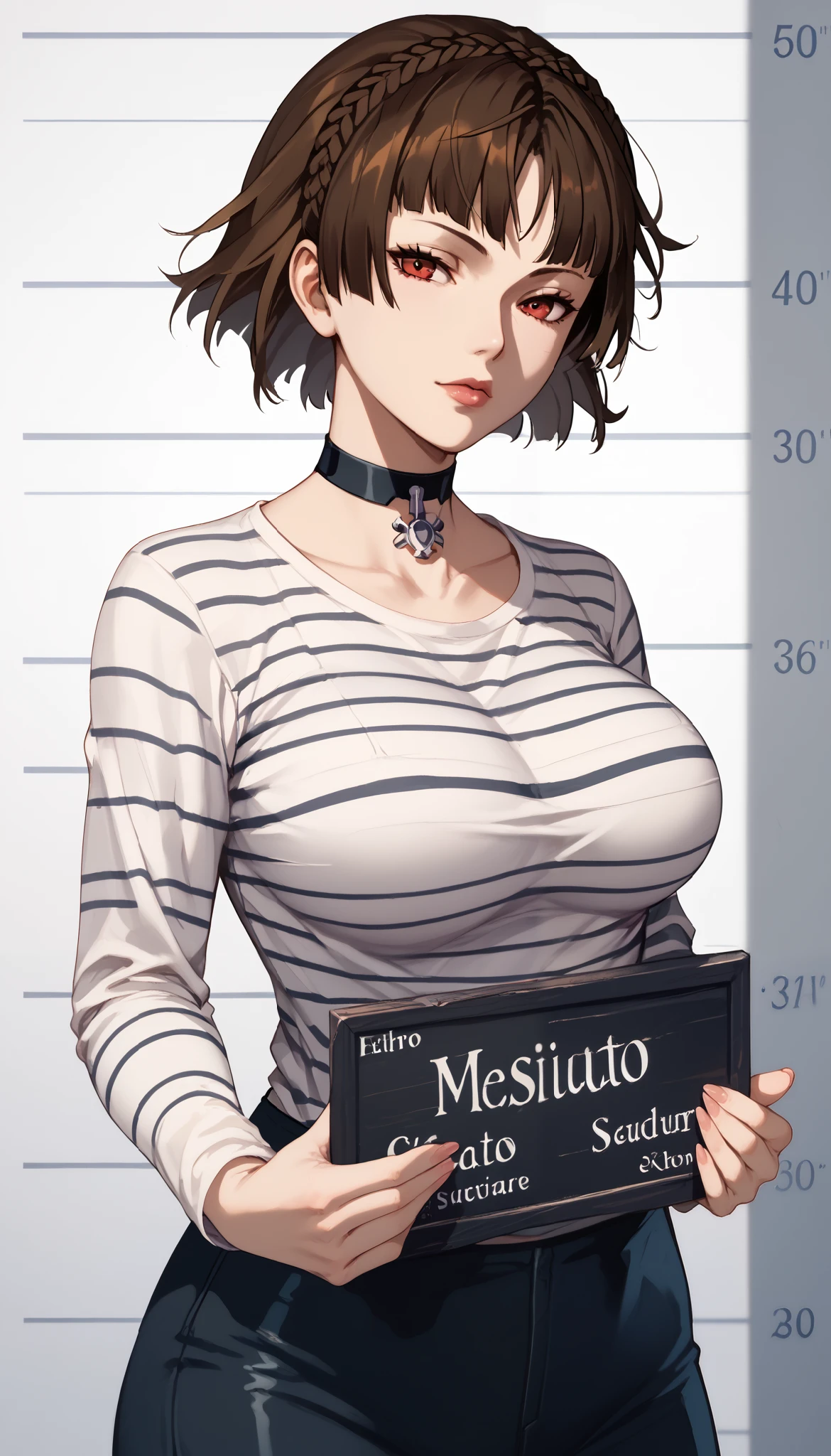 Makoto niijima,choker, Big breasts, G-cup breasts, masterpiece, best quality, illustration, suspect photo, height chart, 1 girl, upper body, holding a sign, looking at the viewer, short black hair, beautiful narrowed eyes, prison clothes, striped shirt