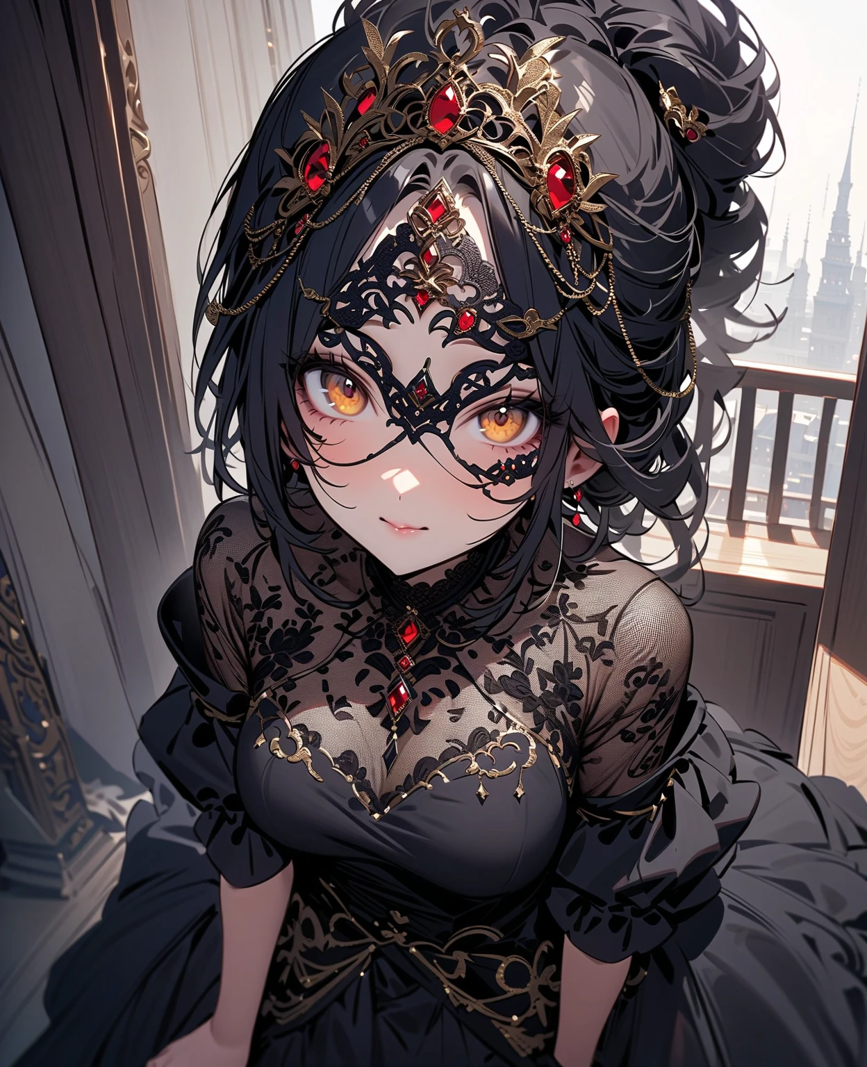 (masterpiece , best quality , Elaborate , Absard Dress:1 . 3) , (1 girl , An Extraordinary Beauty , charming , beautiful face with great attention to detail :1 . 3),1 woman,Fourth princess, girl,An Extraordinary Beauty,long black hair,Elegant hairstyle,The bangs are even,tiara with gold and red jewels on the head,Luxurious black party dress with lace embroidery and red jewels, Fine Decorations ,lace eye mask,golden eyes,Sickly,uneasy face,is facing viewers,isolated tower bedroom